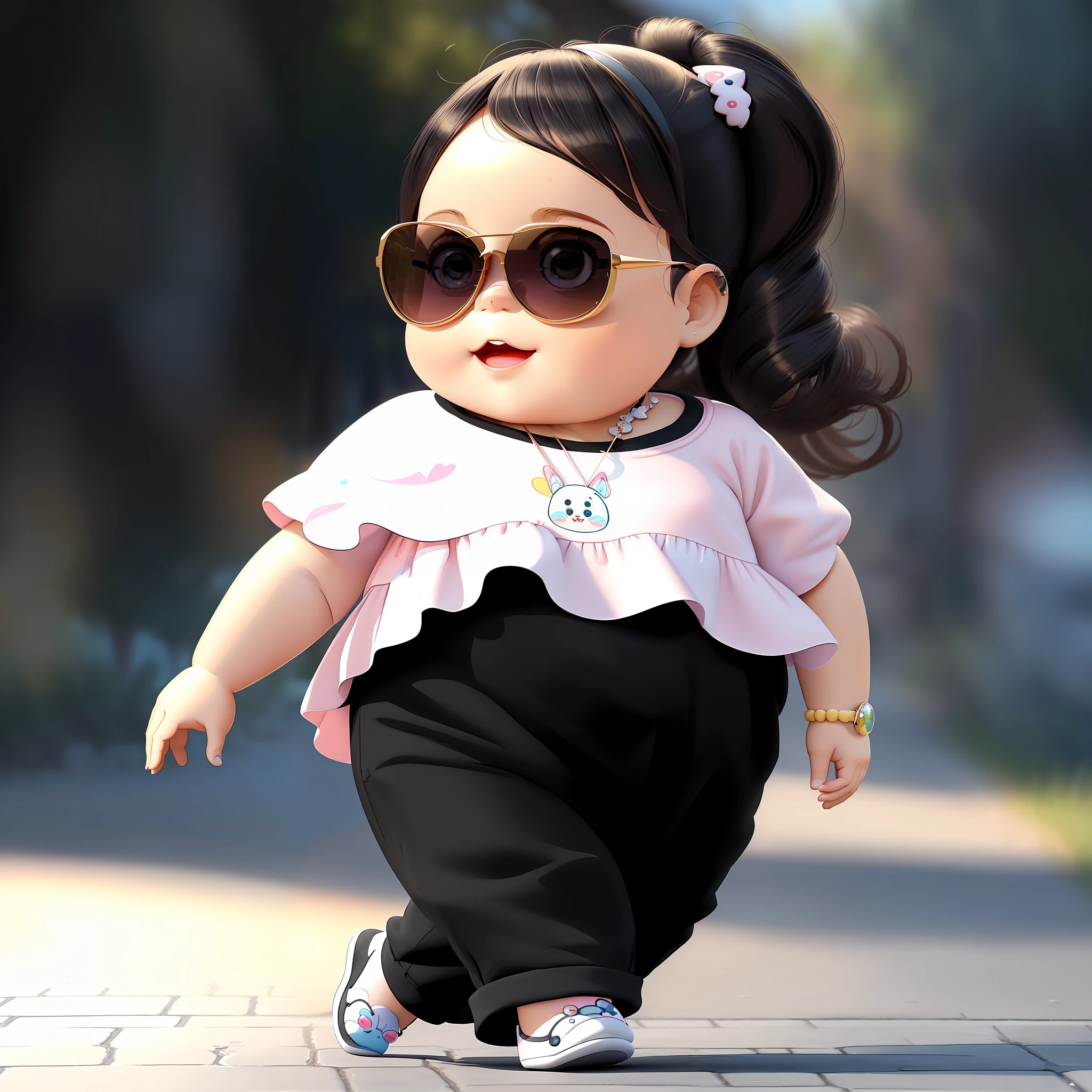 a close up of a baby wearing sunglasses walking on a sidewalk, adorable digital painting, cute digital art, cute cartoon character, cute detailed digital art, cute 3 d render, cute pocelain doll, cute cartoon, highly stylized, cartoonish cute, dressed with long fluent clothes, character is in her natural pose, beautiful cute, realistic cute girl painting, very stylish
