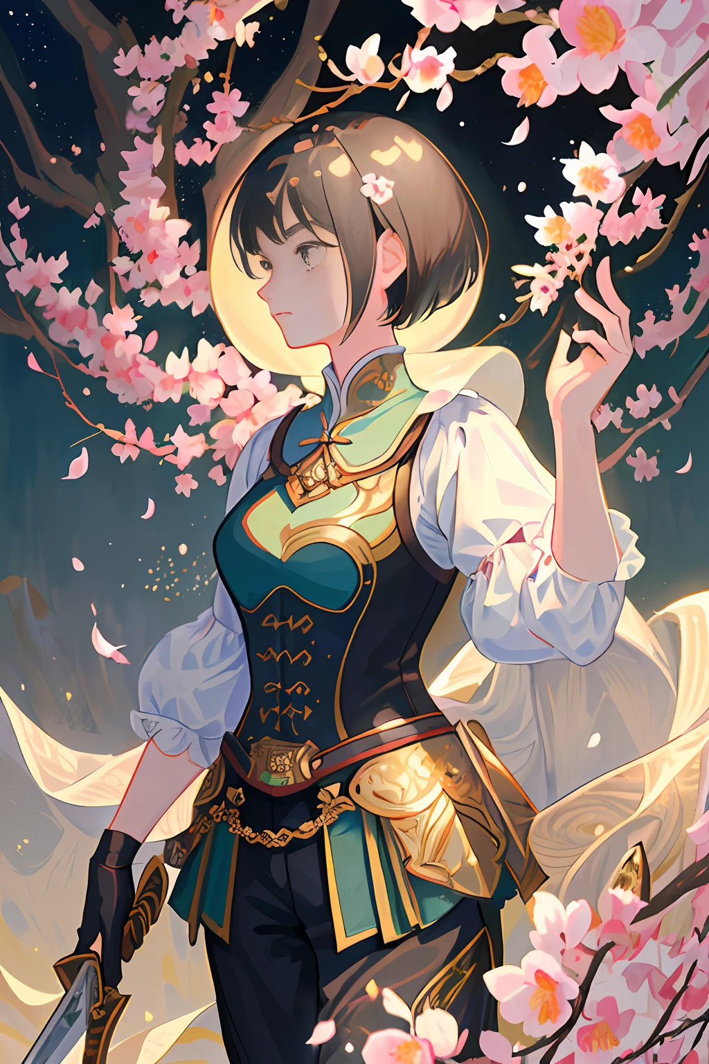 (((masterpiece))), best quality, ultra-detailed, extremely detailed((1girl)), ((black short hair), (freckled face)), mature and young Chinese beauty, (exuding heroic spirit) holding a sword, (side profile) in golden armor with exquisite patterns,8K resolution, (background of pear blossoms and magnolias), (moonlit) lunar background, ancient style.--v 5