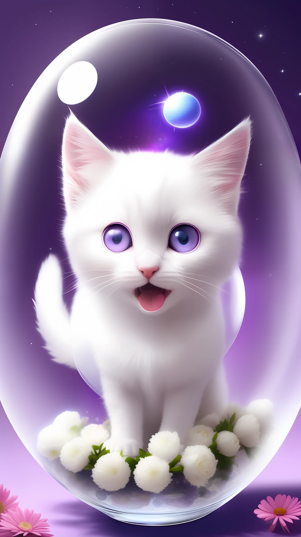 A cute furry white-furred kitten wearing a sweater, big ears, big eyes, next to flowers inside a large glass ball, flowers, light purple background, Morandi color, open mouth, laughing !!!, funny, (floating in space: 1.1) jubbslineart_v2