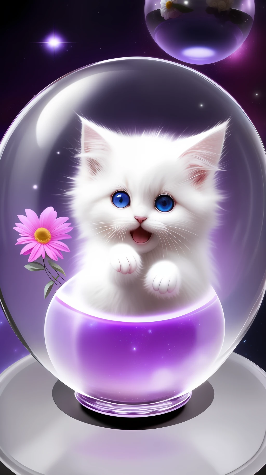 A cute fluffy white-haired kitten, wearing a sweater, big ears, looking to the left, big eyes, next to a flower inside a large glass ball, flower, light purple background, Morandi color, open mouth, laughing !!!, funny, (floating in space: 1.1) jubbslineart_v2