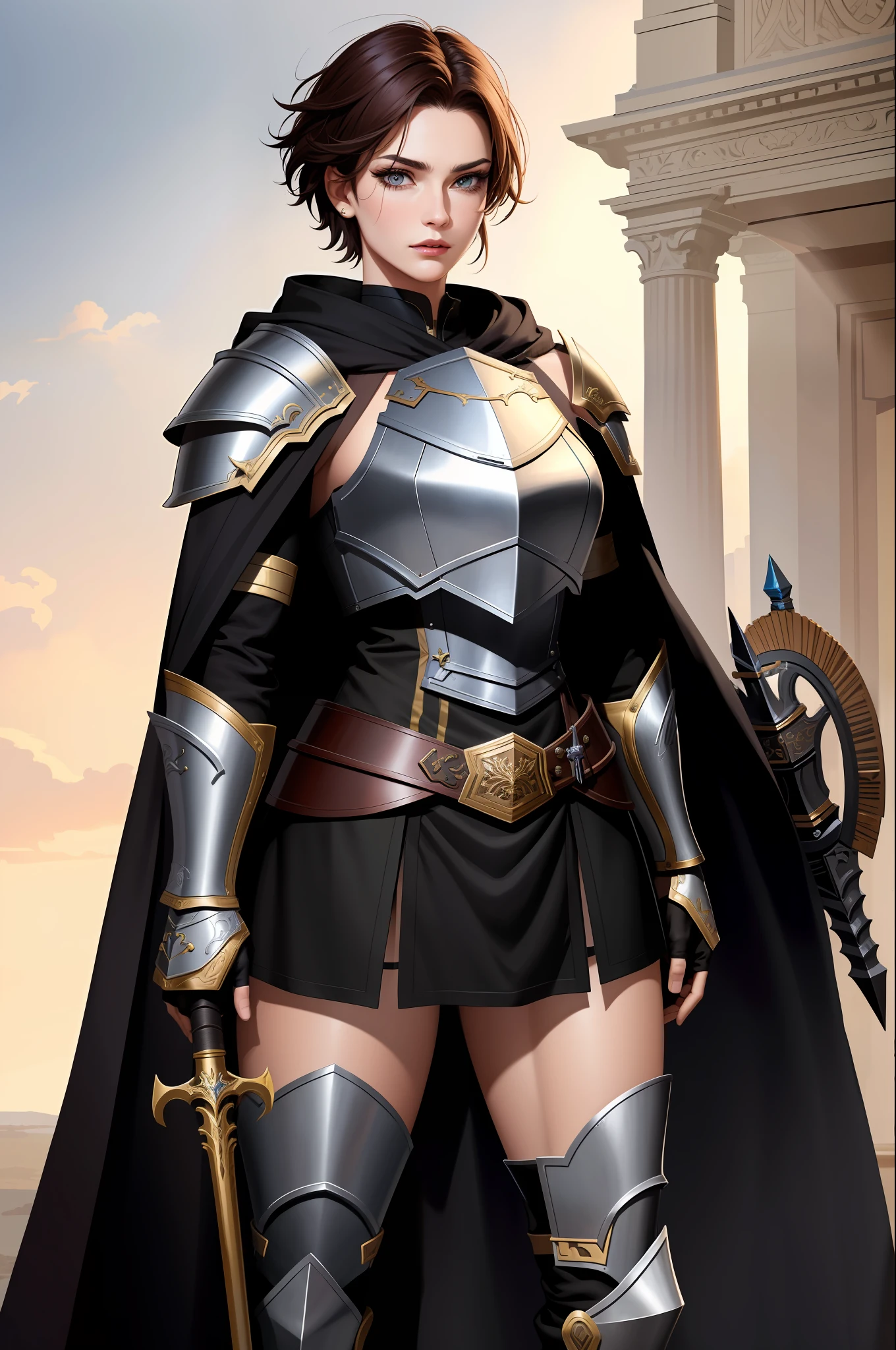 (masterpiece:1.2), (best quality:1.2), perfect eyes, perfect face, volumetric lighting, 1girl, tall mature female warrior, muscular, short hair, heavy armor, huge pauldrons, gauntlets, cloak, belt, spear, skirt, stern expression, makeup, lipstick, eyeshadow, mascara, thick eyelashes, dark fantasy, outdoor, detailed background, hand on hip