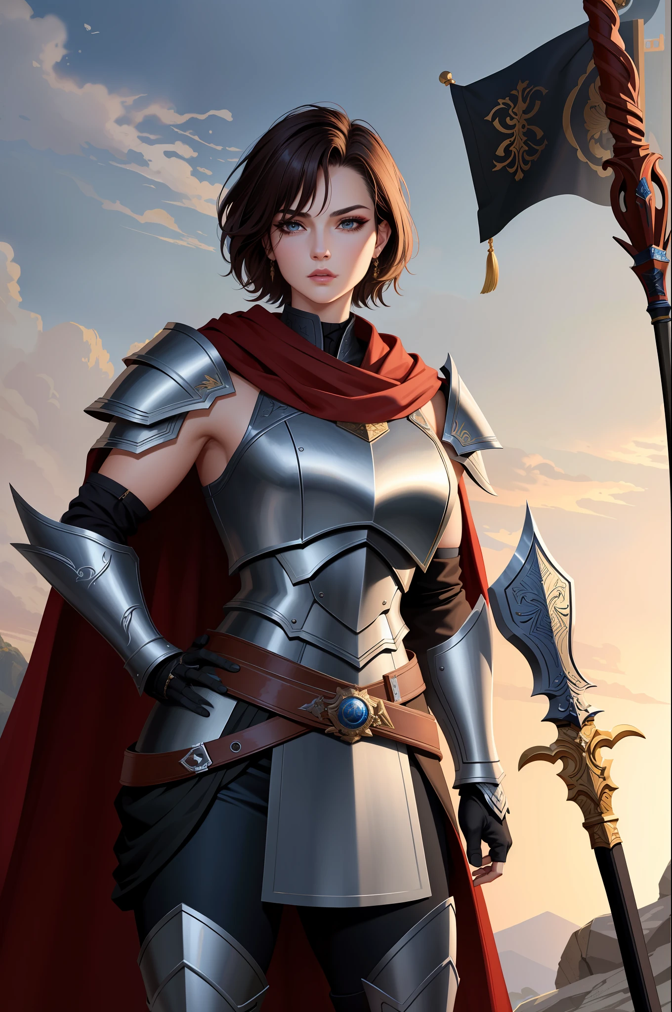 (masterpiece:1.2), (best quality:1.2), perfect eyes, perfect face, volumetric lighting, 1girl, tall mature female warrior, muscular, short hair, heavy armor, huge pauldrons, gauntlets, cloak, belt, spear, skirt, stern expression, makeup, lipstick, eyeshadow, mascara, thick eyelashes, dark fantasy, outdoor, detailed background, hand on hip