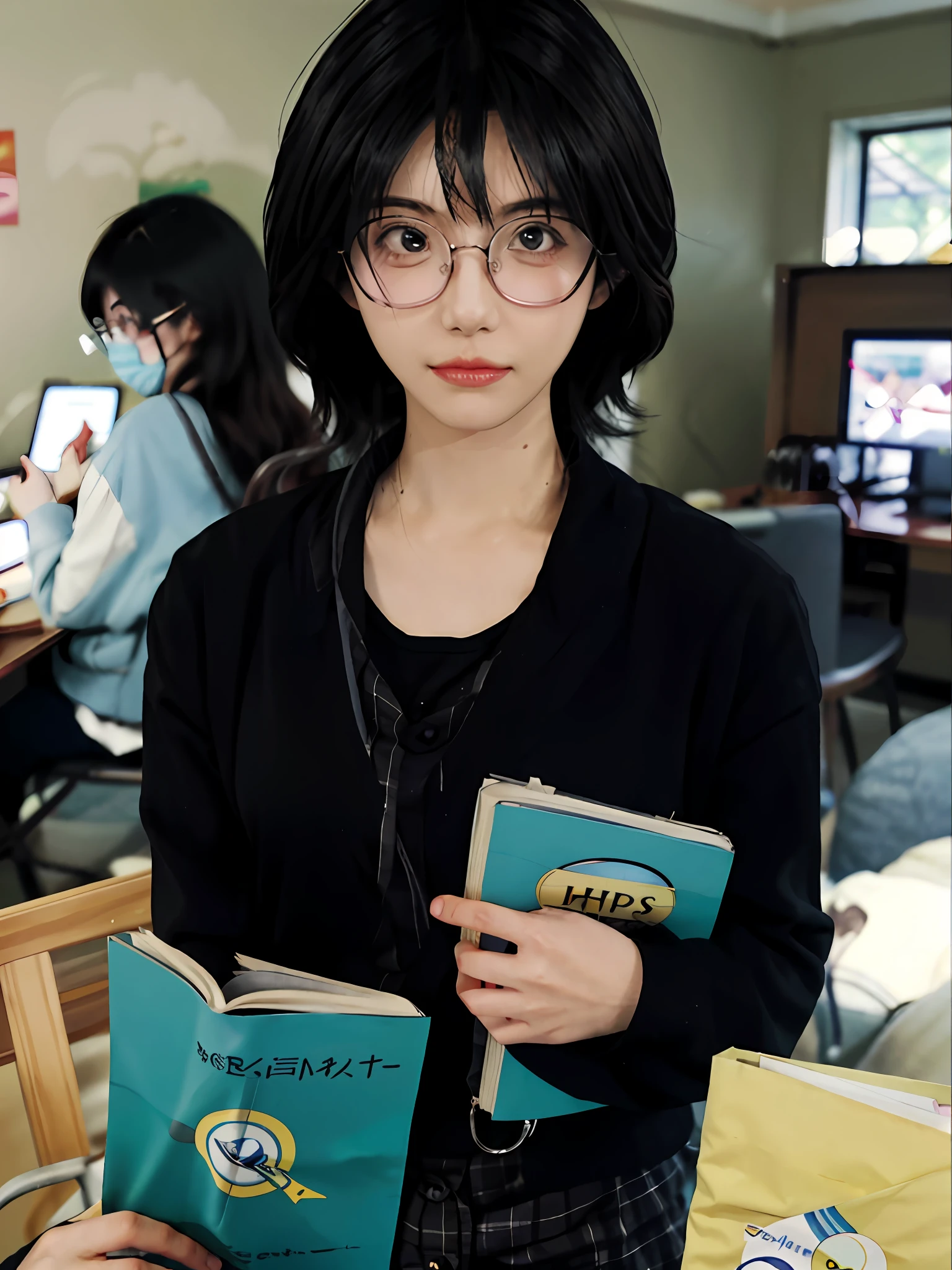 A girl with a woman with glasses holding a folder and a book, anime girl in real life, realistic cosplay with black glasses, as an anime character, wearing thin and large round glasses, super realistic anime, wearing glasses, realistic young anime girl, book appearance, semi-realistic anime, thin square frame glasses