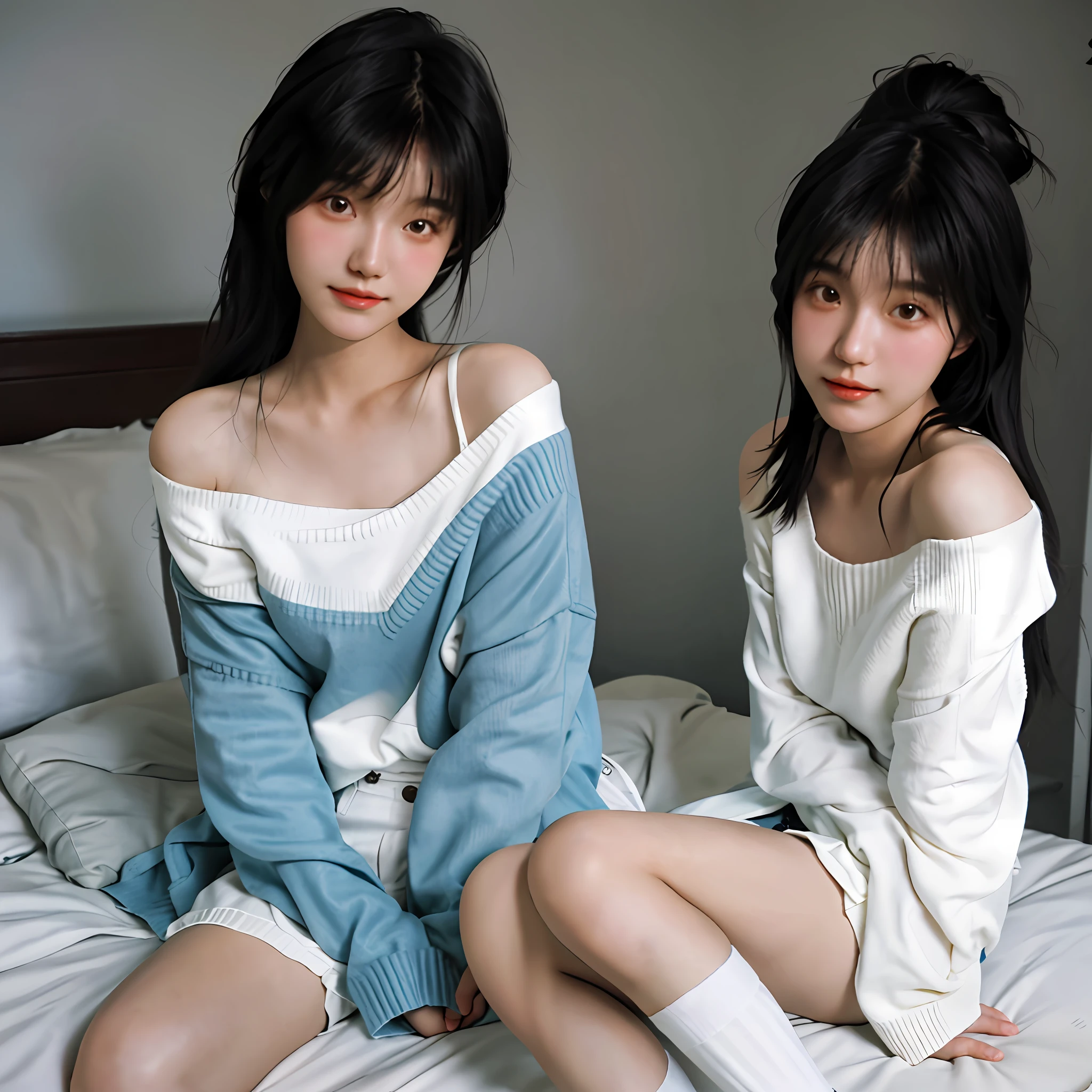 A close-up of a woman sitting on bed wearing a loose off-the-shoulder sweater, shorts, white socks inspired by Ma Wonwoo's pastels, popular in CG society, tachisme, young cute girl, gorgeous young Korean woman, cute young girl, cute young woman, beautiful young Korean girl, beautiful asian girl, gorgeous Chinese model, good young girl, Asian girl with long hair,