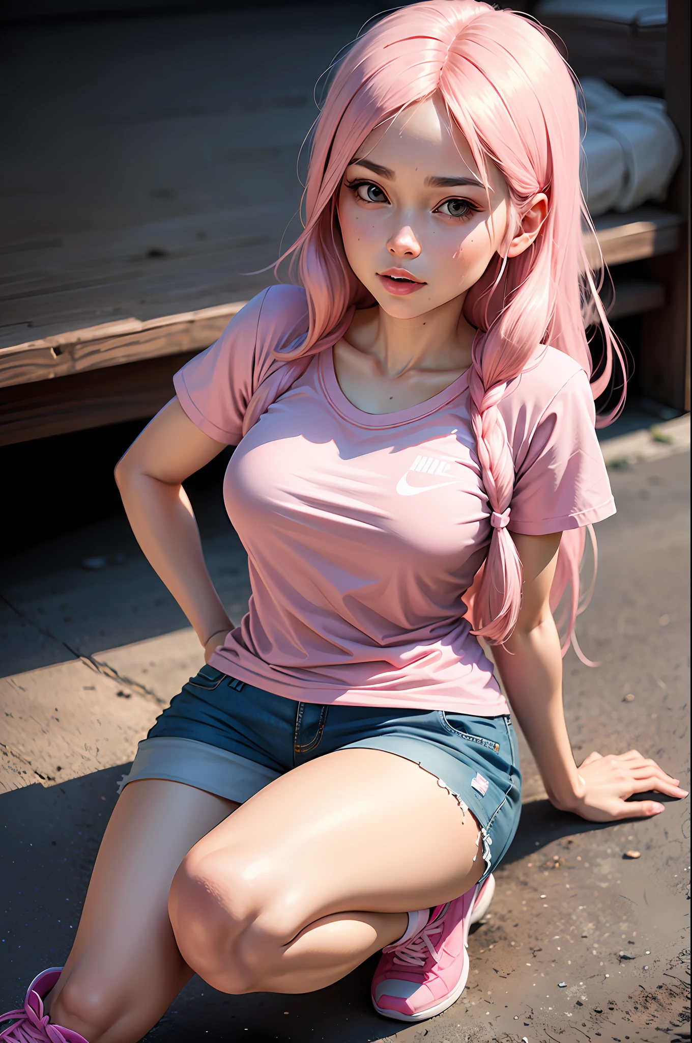 ((realistic face, adult look)), (pink pink shirt, short clothes), (pink long hair, pink Nike sneakers), (22 years), (1 girl), (4k style))