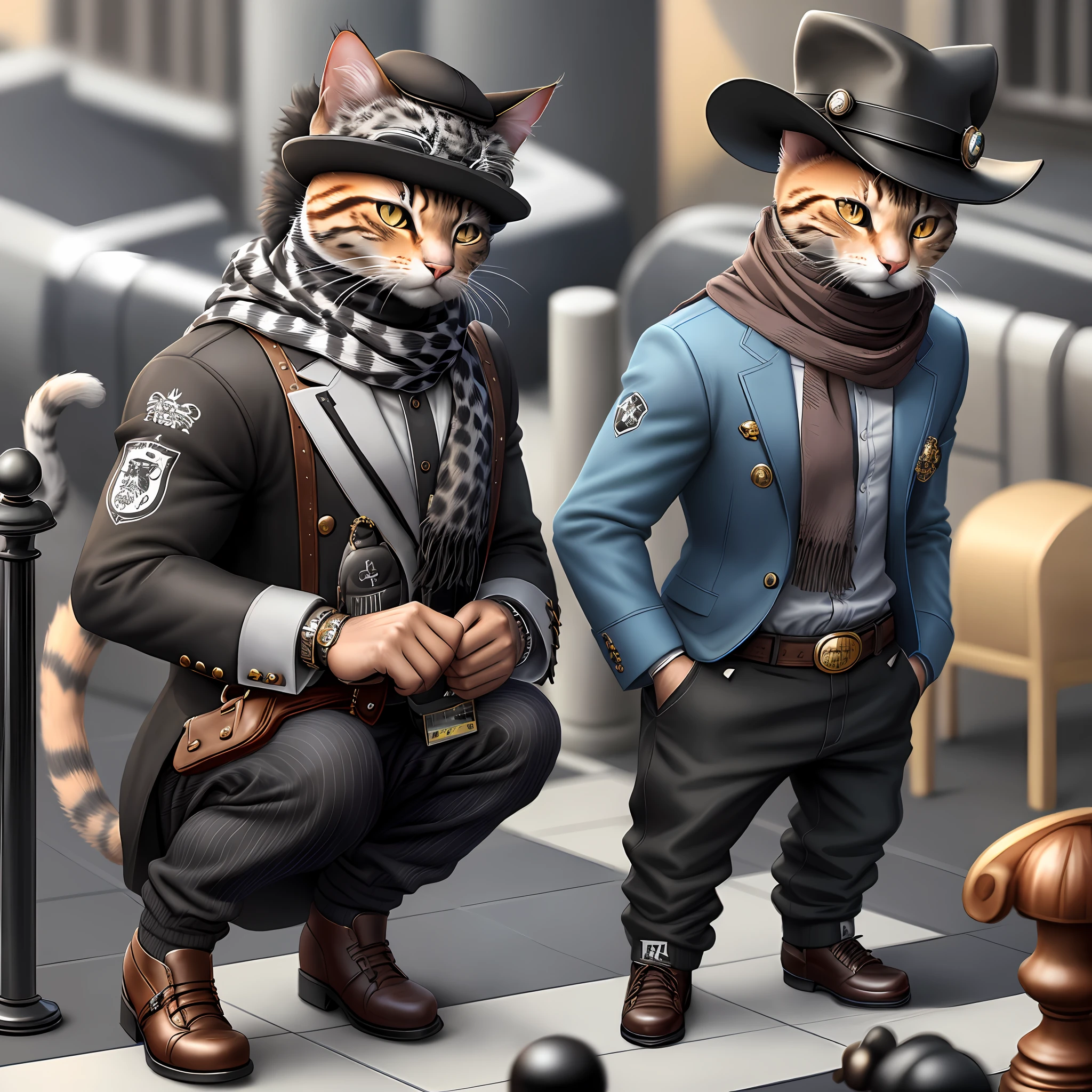 cat,image of a realistic cat in a hat and scarf, dressed in chess clothes, hyperrealistic detailed rendering, member of a chess gang, urban style, intimidating pose, planet of cats, planet of chess,fashionable clothes, urban chess player, meow, western slavic features, super realistic