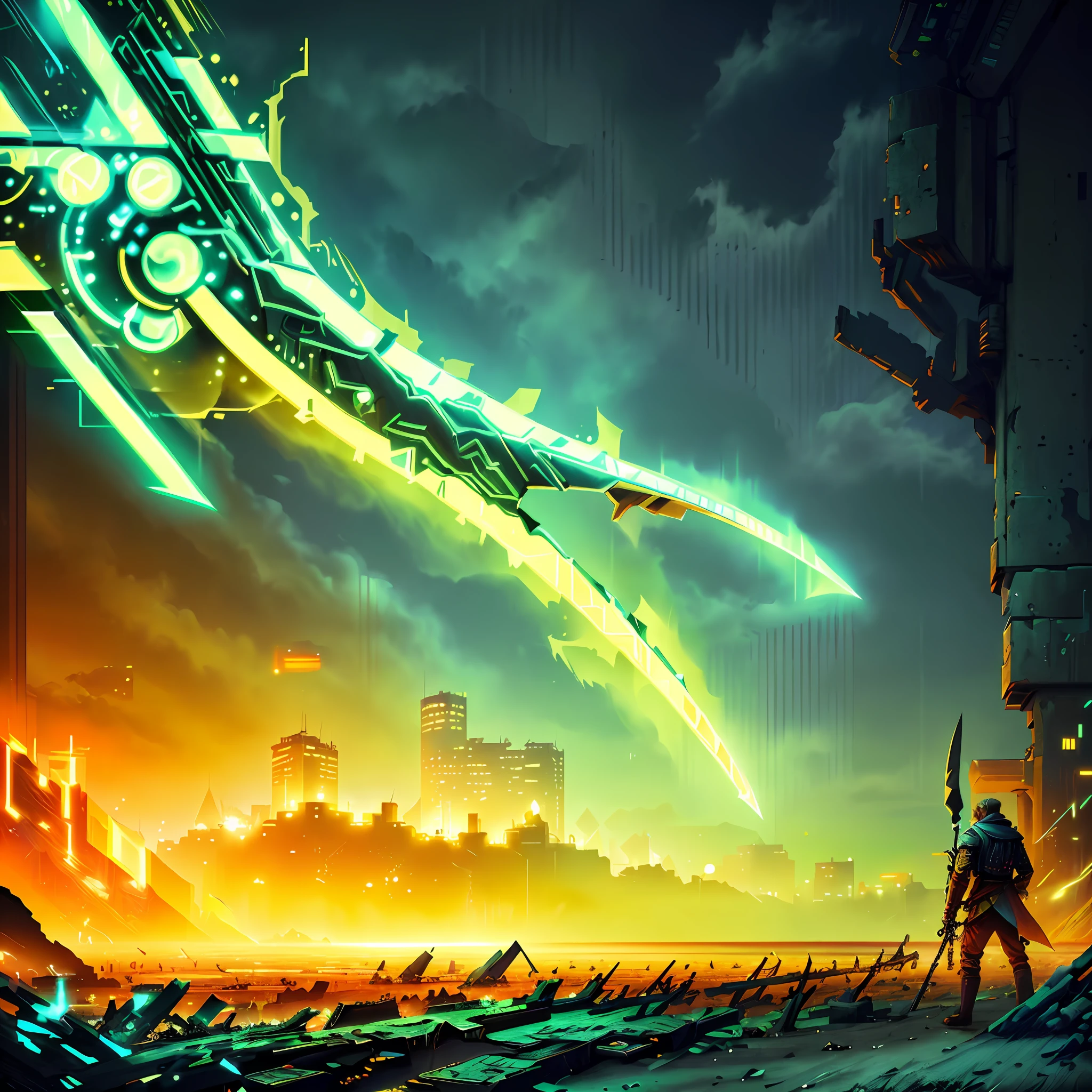 ((masterpiece, best quality)), (1man, solo:1.4), vivid, pale green sea of fire, cyberpunk city ruins, (broken sword on the ground), broken weapon, shawl, holding a scythe
