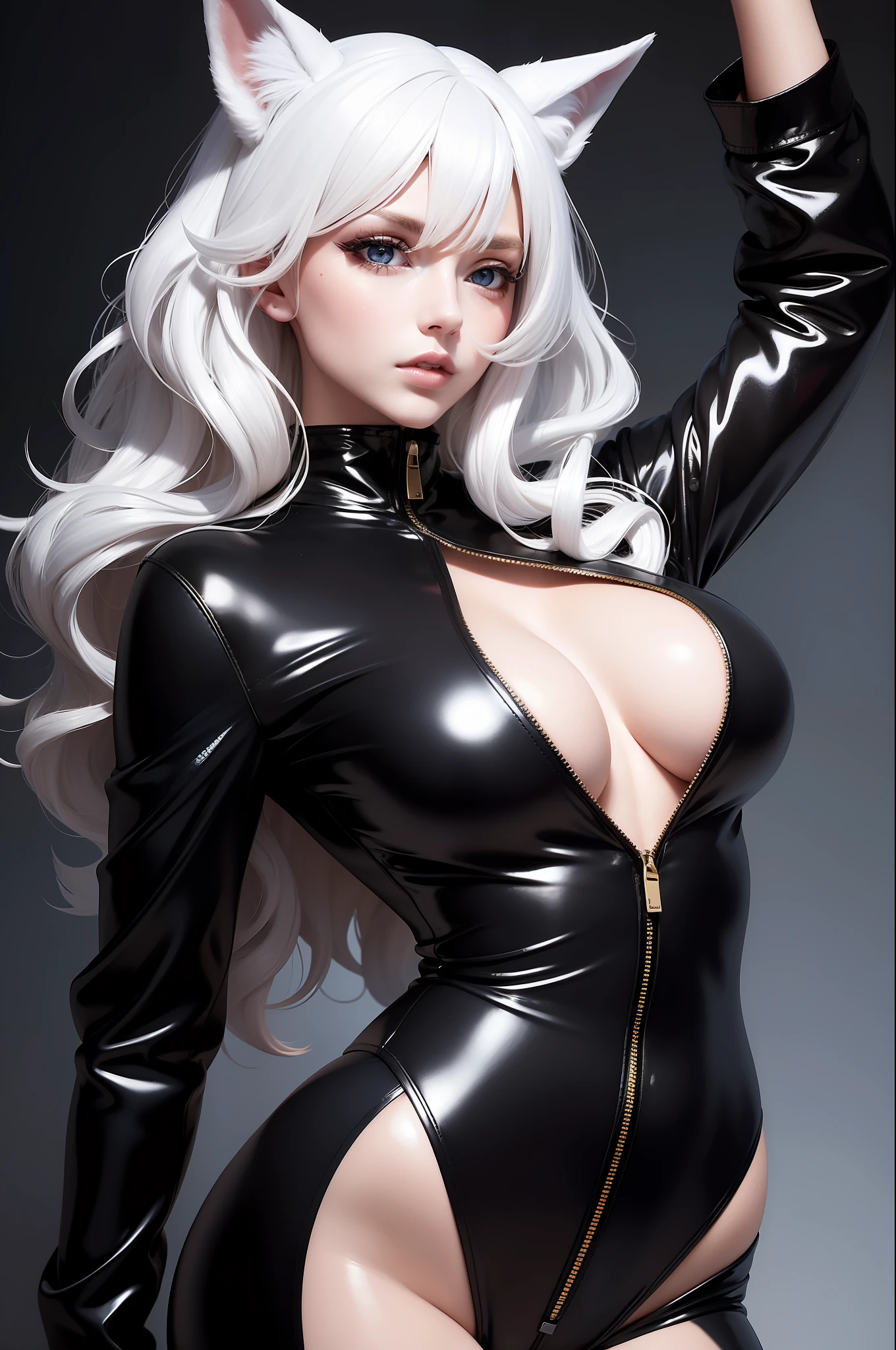 Woman with ,golden curly hair,Blue eyes,white fox ears,,in a black latex tracksuit