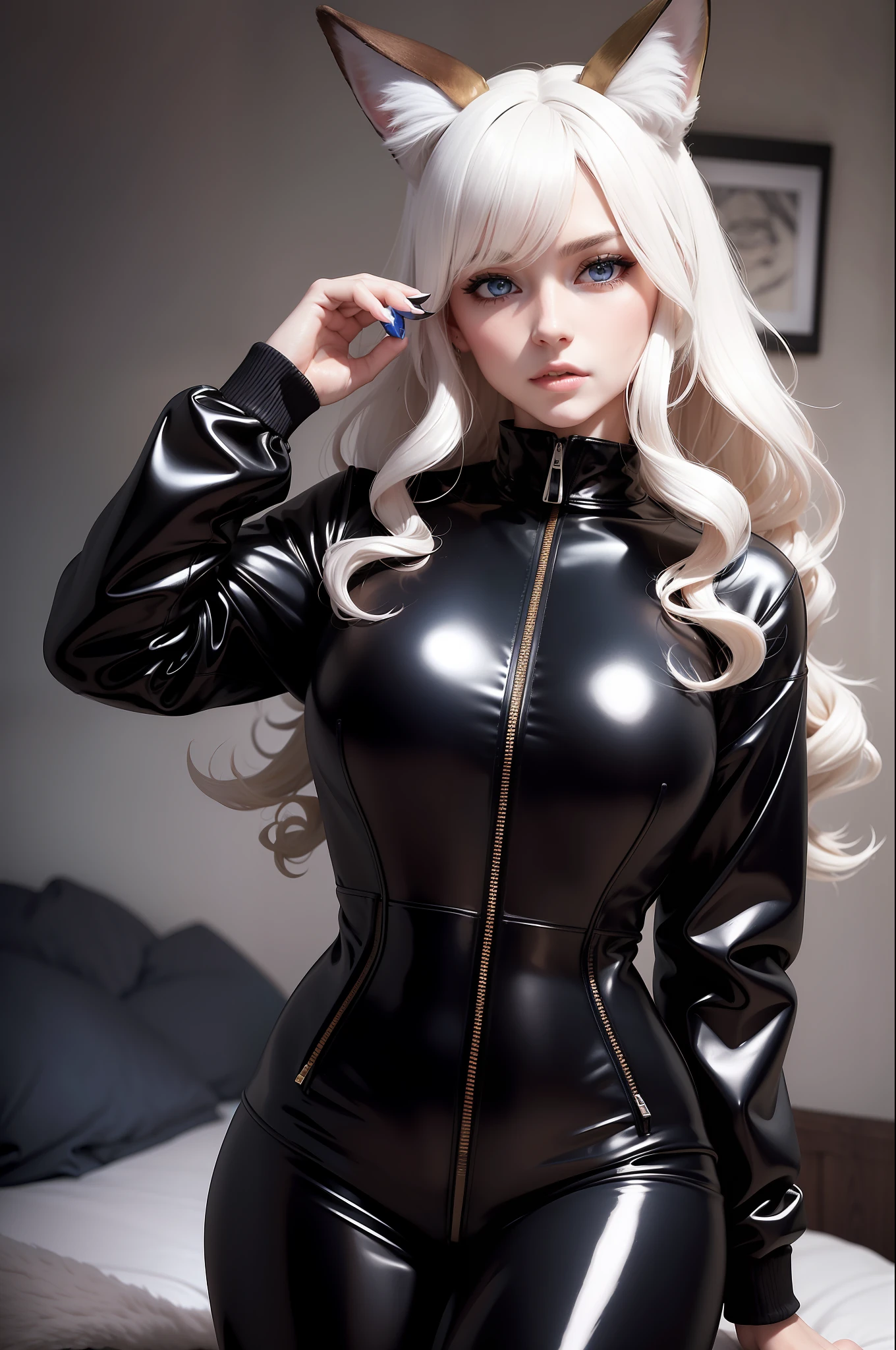 Woman with ,golden curly hair,Blue eyes,white fox ears,,in a black latex tracksuit