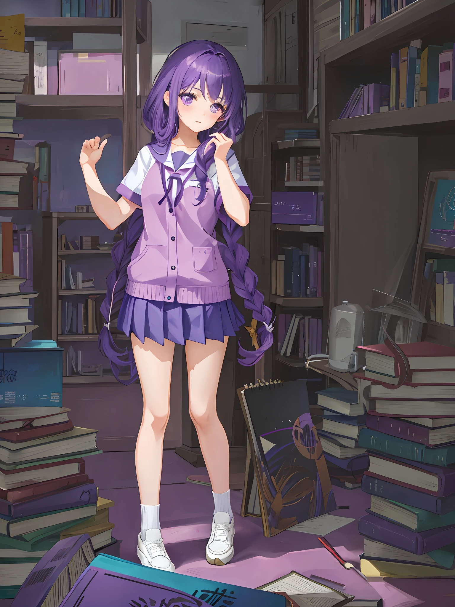 Anime purple twist braid mid-point bangs hairstyle girl standing in front of a pile of books in purple school uniform