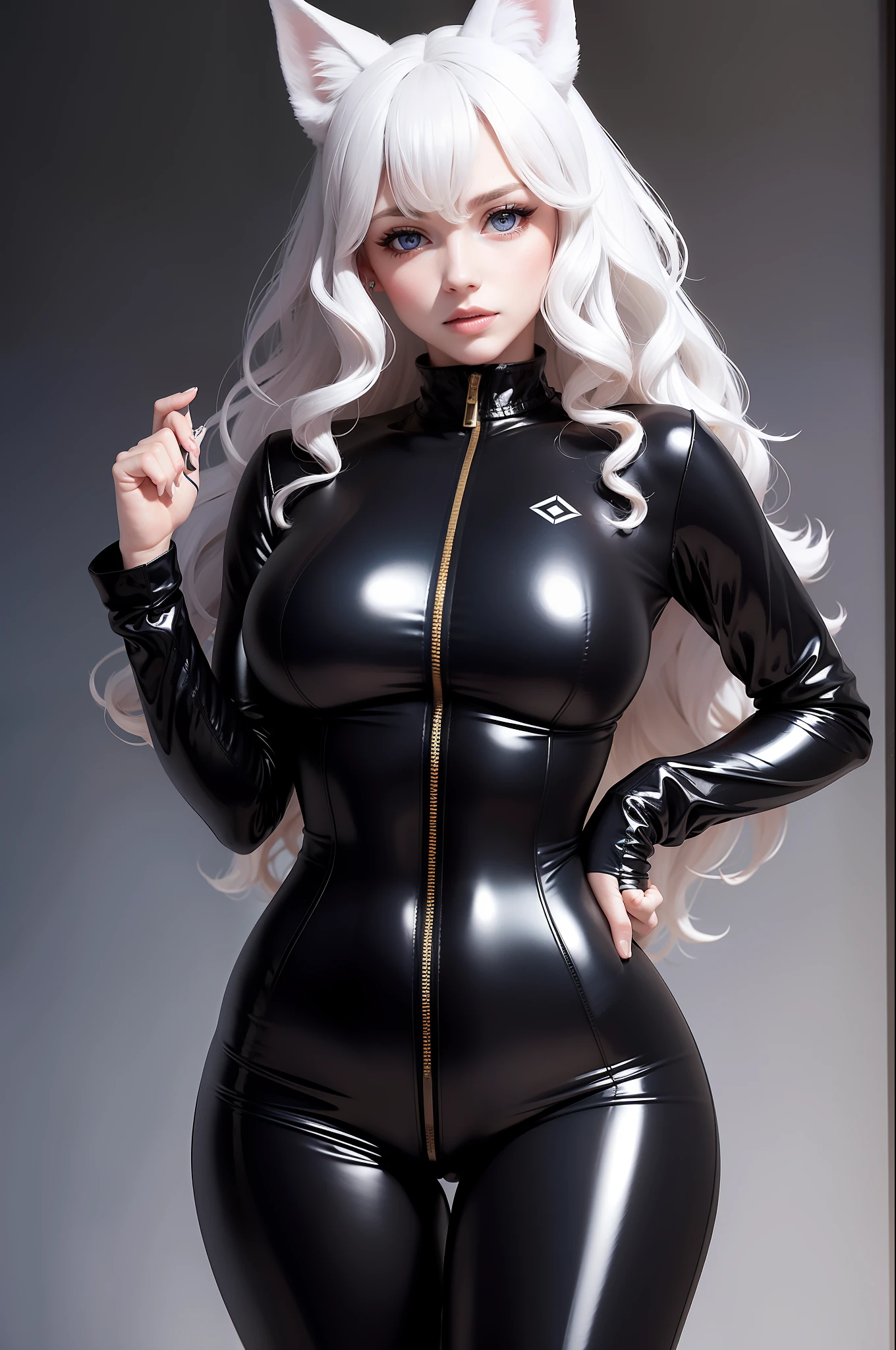Woman with ,golden curly hair,Blue eyes,white fox ears,,in a black latex tracksuit