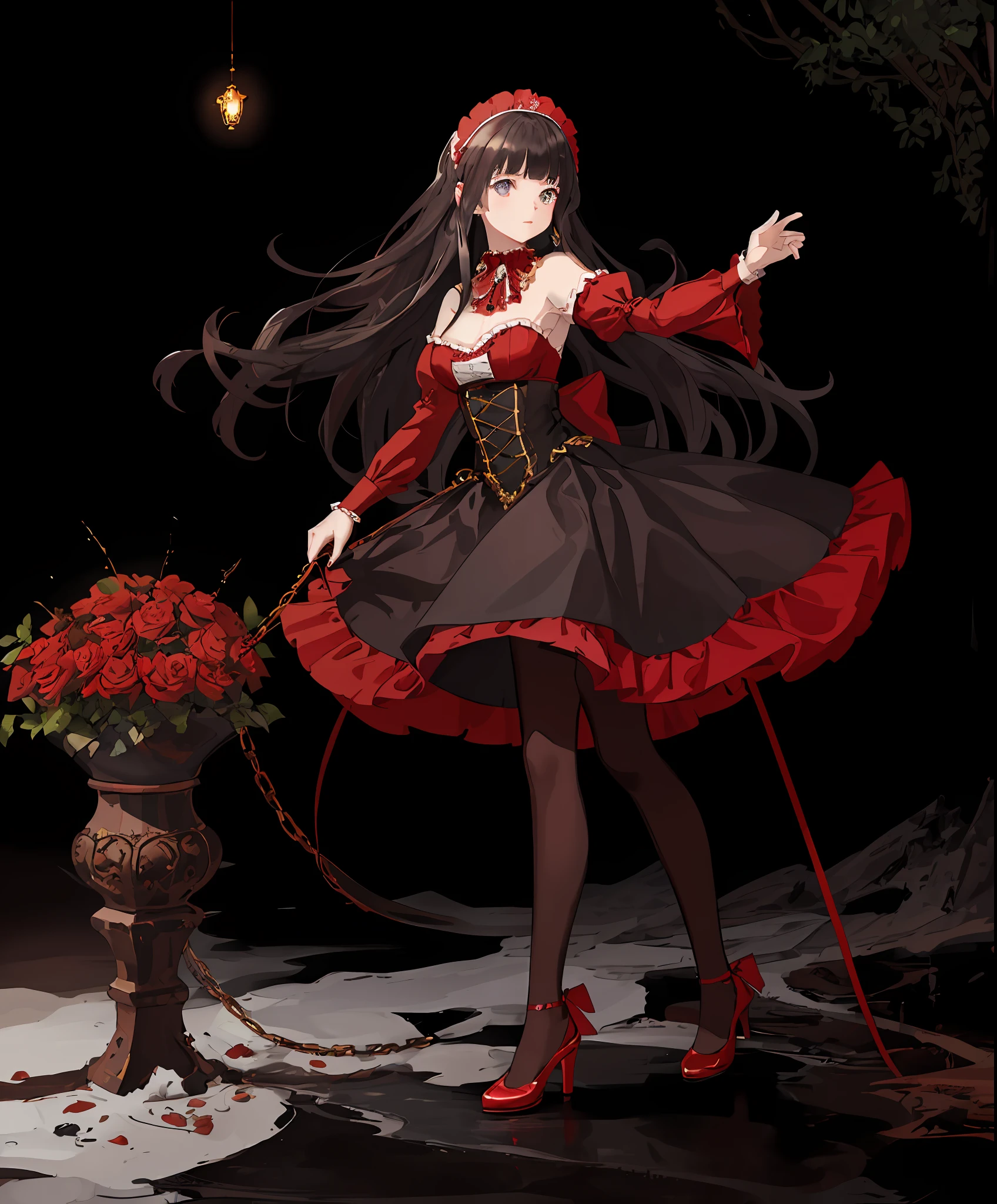 masterpiece, best quality, 1girl, medieval times, full body, curly hair, jewelry, gem, red and black dress, off-shoulder, bow, white pantyhose, horizontal-striped pantyhose, puffy sleeves, blunt bangs, detached collar, maid headdress, red bow, red collar, white shoes, corset, blue eyes, black hair, long hair,