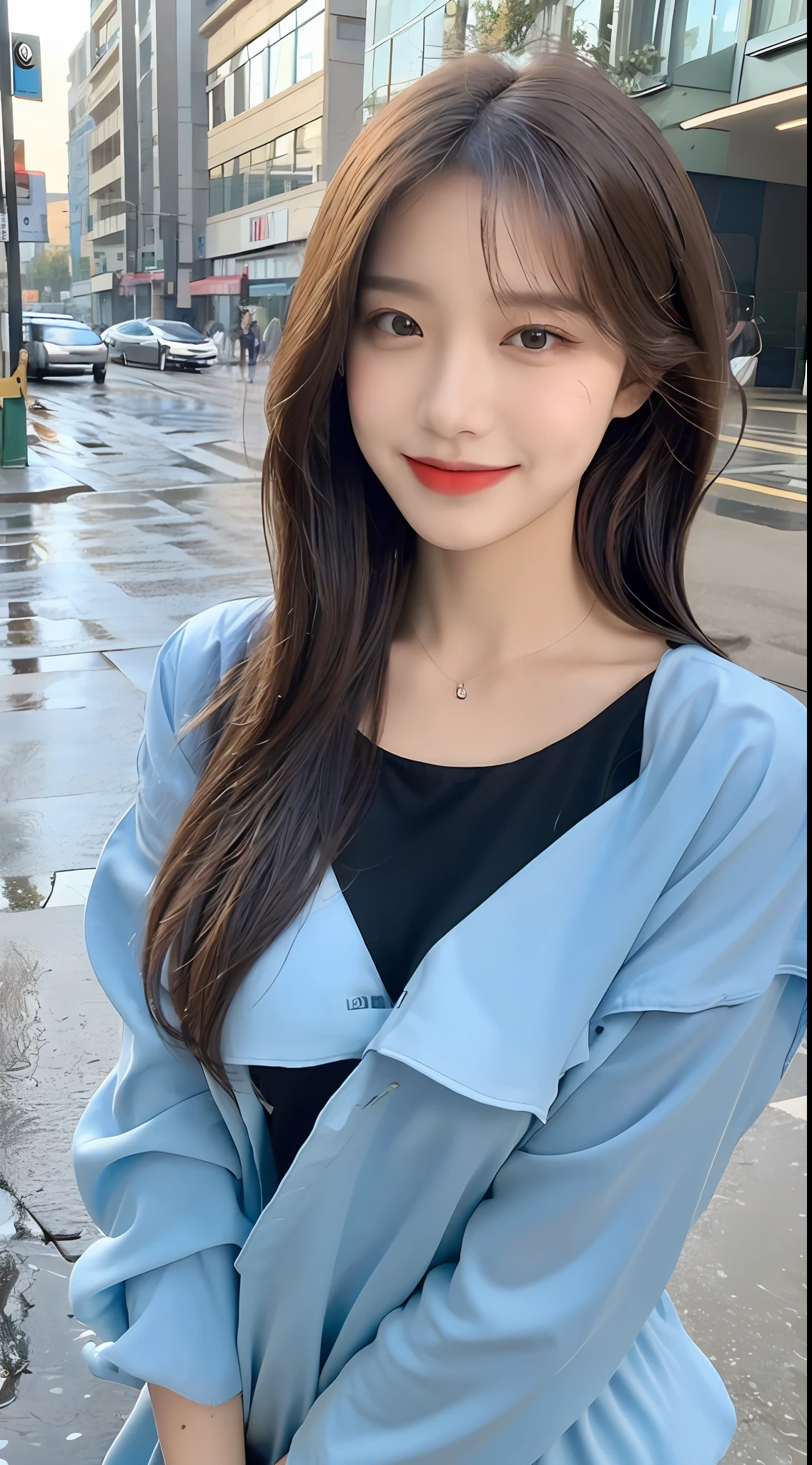 ((Best Quality, 8K, Masterpiece:1.3)), Focus: 1.2, Perfect Body Beauty: 1.4, Buttocks: 1.2, ((Layered Haircut, Breasts: 1.2)), (Wet Clothes: 1.1), (Rain, Street:1.3), Bandeau Dress: 1.1, Highly Detailed Face and Skin Texture, Fine Eyes, Double Eyelids, Whitening Skin, Long Hair, (Shut Up: 1.3), Smile