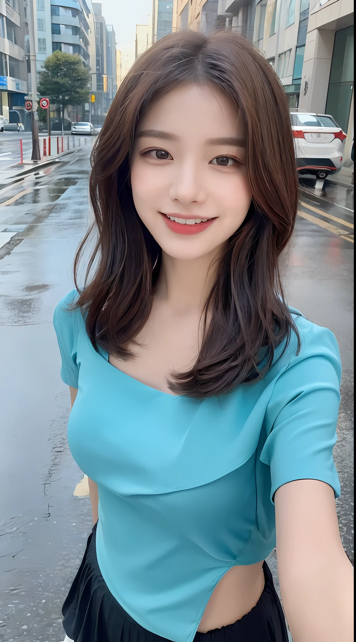 ((Best Quality, 8K, Masterpiece:1.3)), Focus: 1.2, Perfect Body Beauty: 1.4, Buttocks: 1.2, ((Layered Haircut, Breasts: 1.2)), (Wet Clothes: 1.1), (Rain, Street:1.3), Bandeau Dress: 1.1, Highly Detailed Face and Skin Texture, Fine Eyes, Double Eyelids, Whitening Skin, Long Hair, (Shut Up: 1.3), Smile