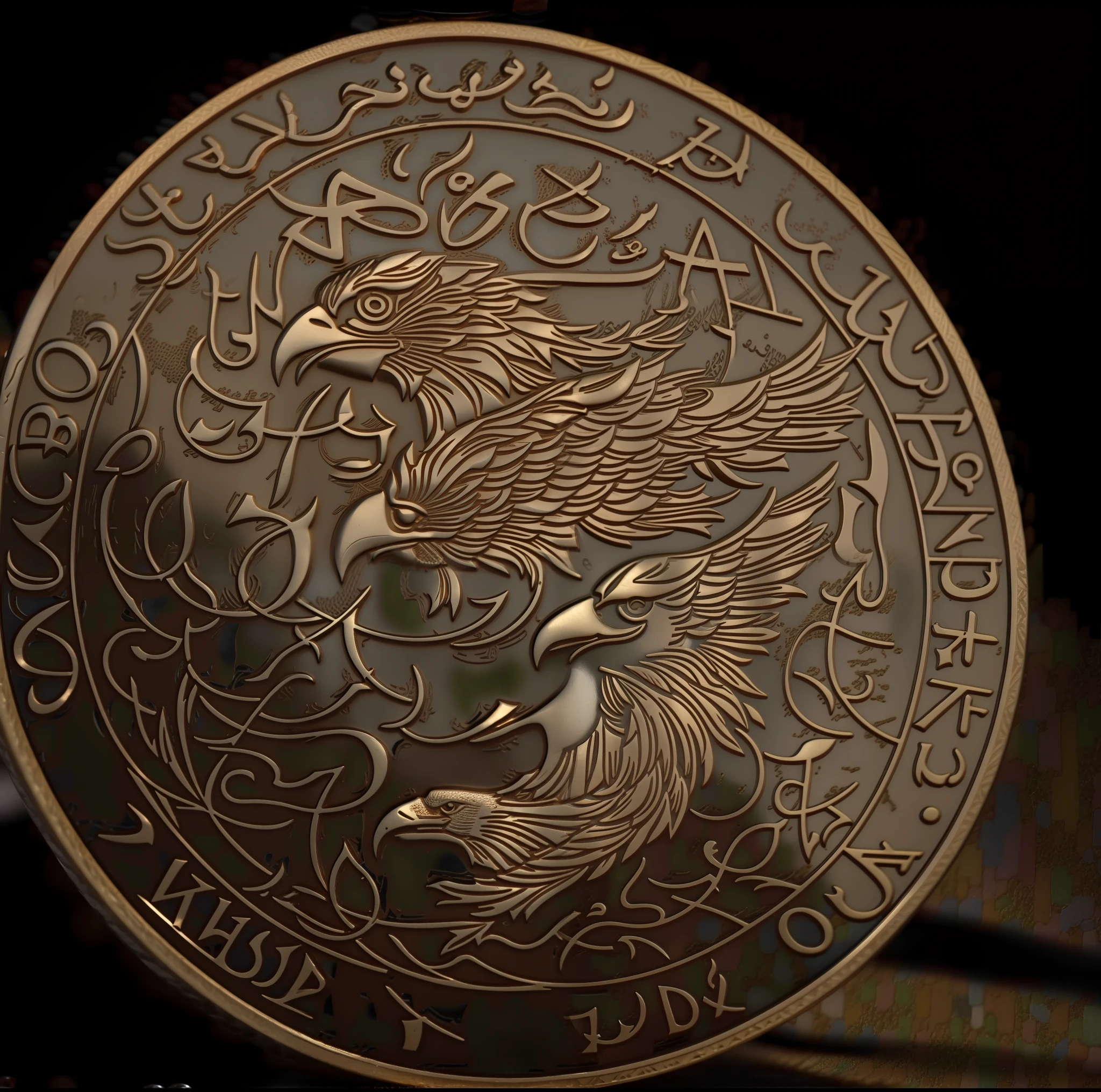 Close up of a coin with an eagle, Arabic script, secret society coin, coin, depicted in 3 D, front view, engraving