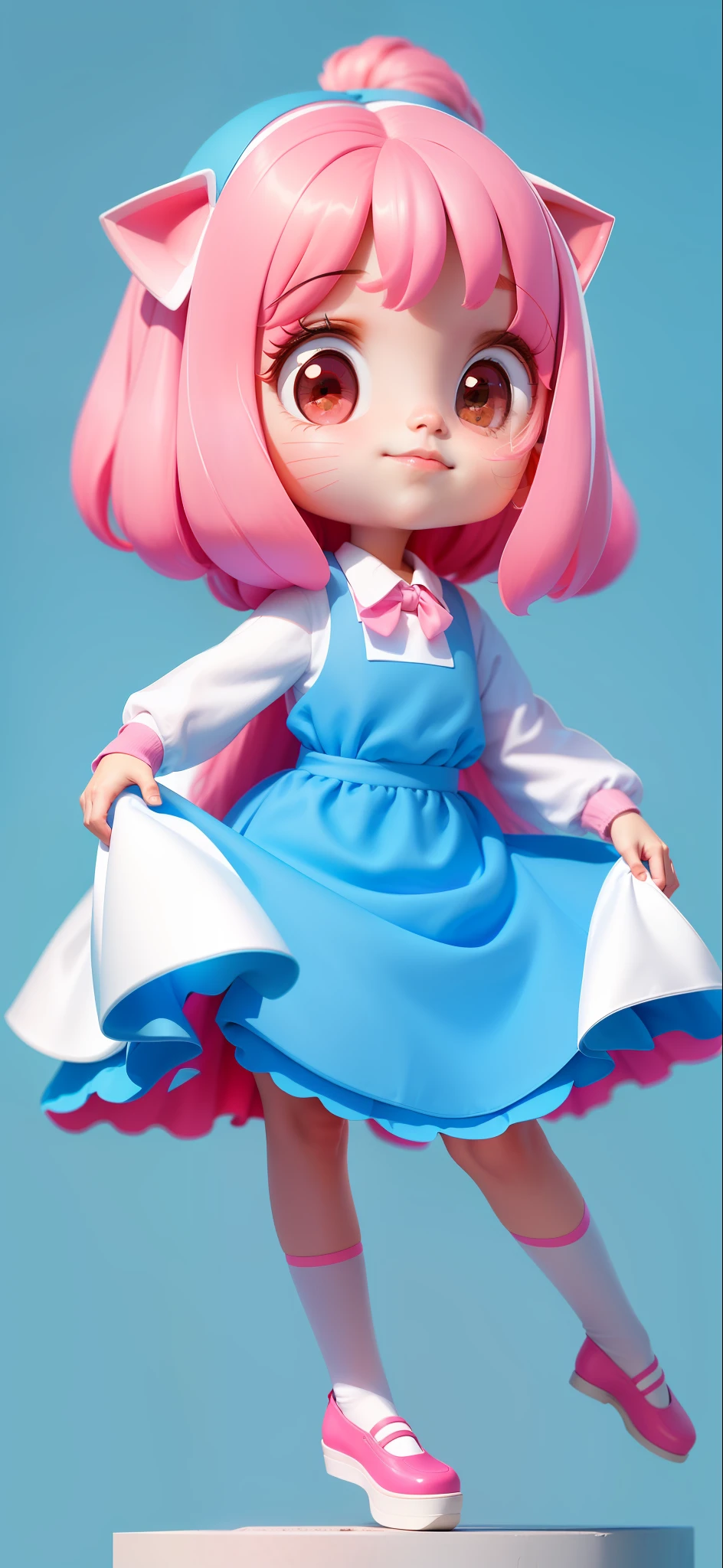 A cute girl with a cute face, pink hair, white clothes, blue dress