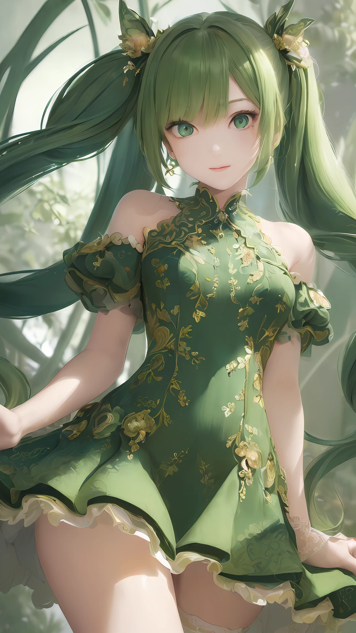 (((masterpiece))),(((bestquality))),((ultra-detailed)),(illustration),((anextremelydelicateandbeautiful)),dynamicangle,floating,(beautifuldetailedeyes),(detailedlight) (1girl), solo , floating_hair,glowingeyes,green hair,greeneyes, twintails, halterdress, atdan