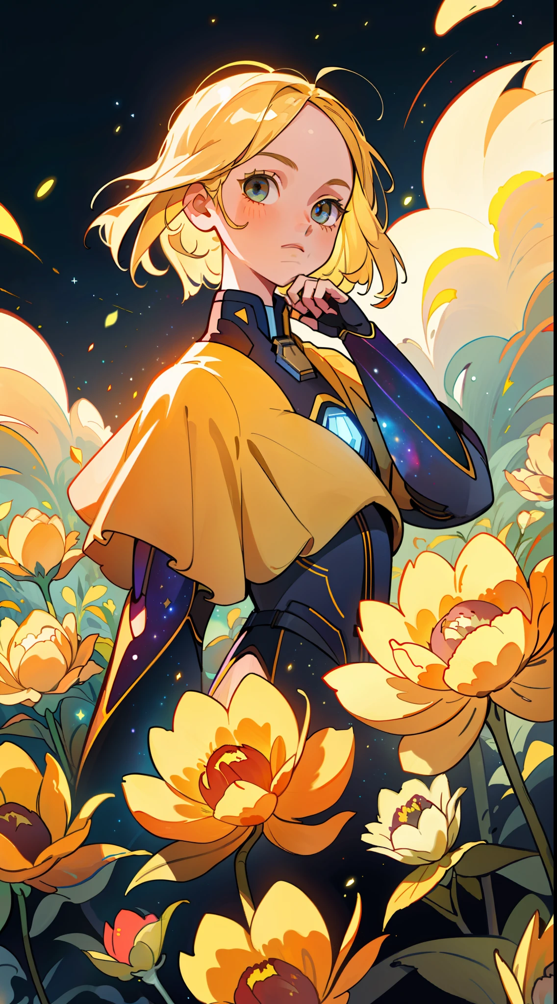 (best quality, masterpiece), 1girl, pose, particle, wind, flower, upper body, simple background, looking at viewer, blonde, galaxy,