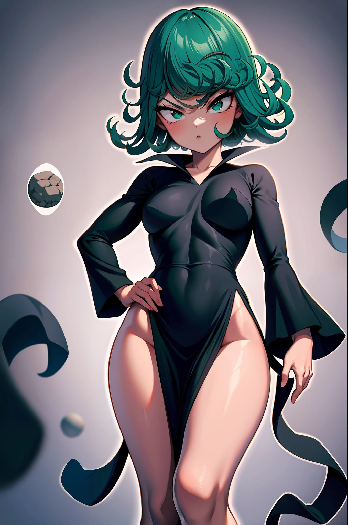 1 girl, Tatsumaki (pelvic curtain: 1.3) black dress, masterpiece, official art, hyperfocus, sakimi zen (best quality: 1), (masterpiece: 1), (super detailed: 1), (entaro, tights: 1.2), 1 girl, plump, embarrassed to look at the audience, puffy, small breasts, tiny breasts, large areola, cowboy shot, solo, simple background