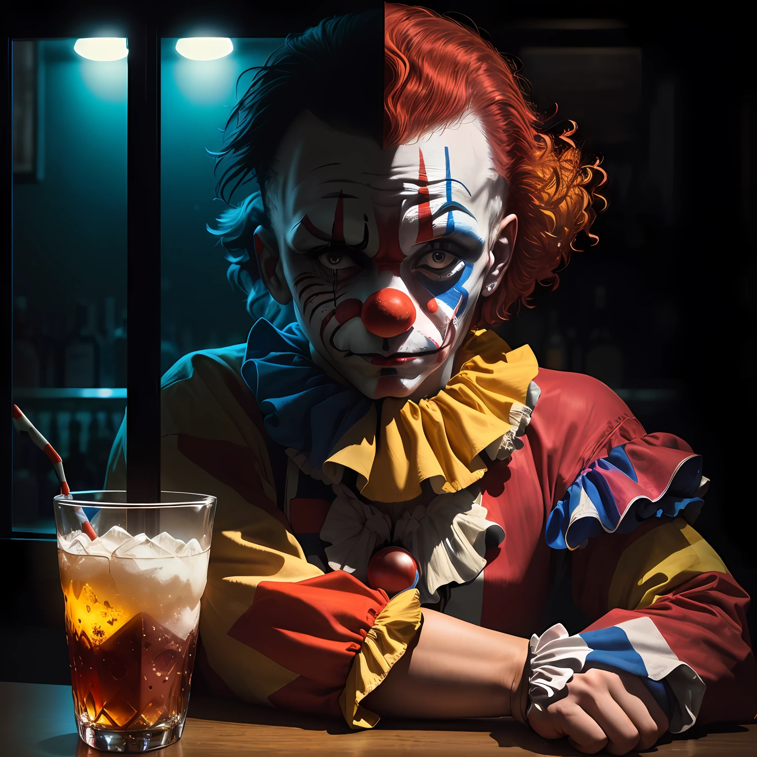 Side photo of a clown on a counter of a night bar looking at the glass with sad look, realistic,better shadow, better detailed lighting high resolution