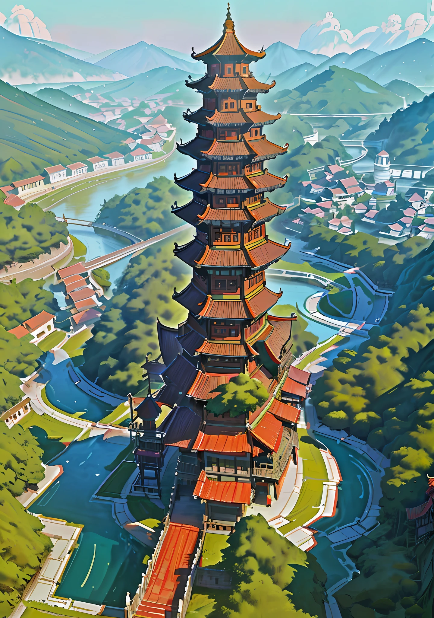 painting of a chinese village with a bridge over a river, ross tran. scenic background, digital painting of a pagoda, cyberpunk chinese ancient castle, dreamy chinese town, highly detailed digital painting, very detailed digital painting, detailed scenery —width 672, wlop and ross tran, detailed painting 4 k, detailed digital concept art, highly detailed digital artwork