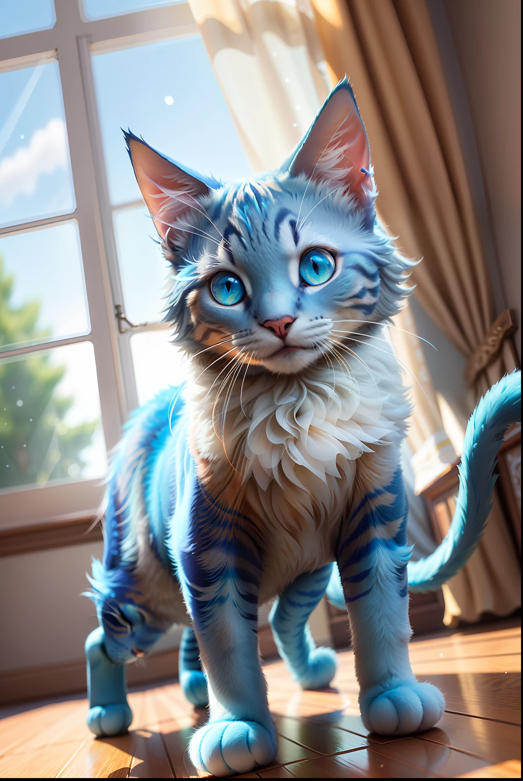 depth of field, perfect lighting, light particles,(best quality),(masterpiece),(ultra detailed),sharp focus, puck, :3, aqua_eyes, blue_eyes, cat, :d, smile, solo, tail, pov, close-up, upper body, windows, curtains, bedroom, ,