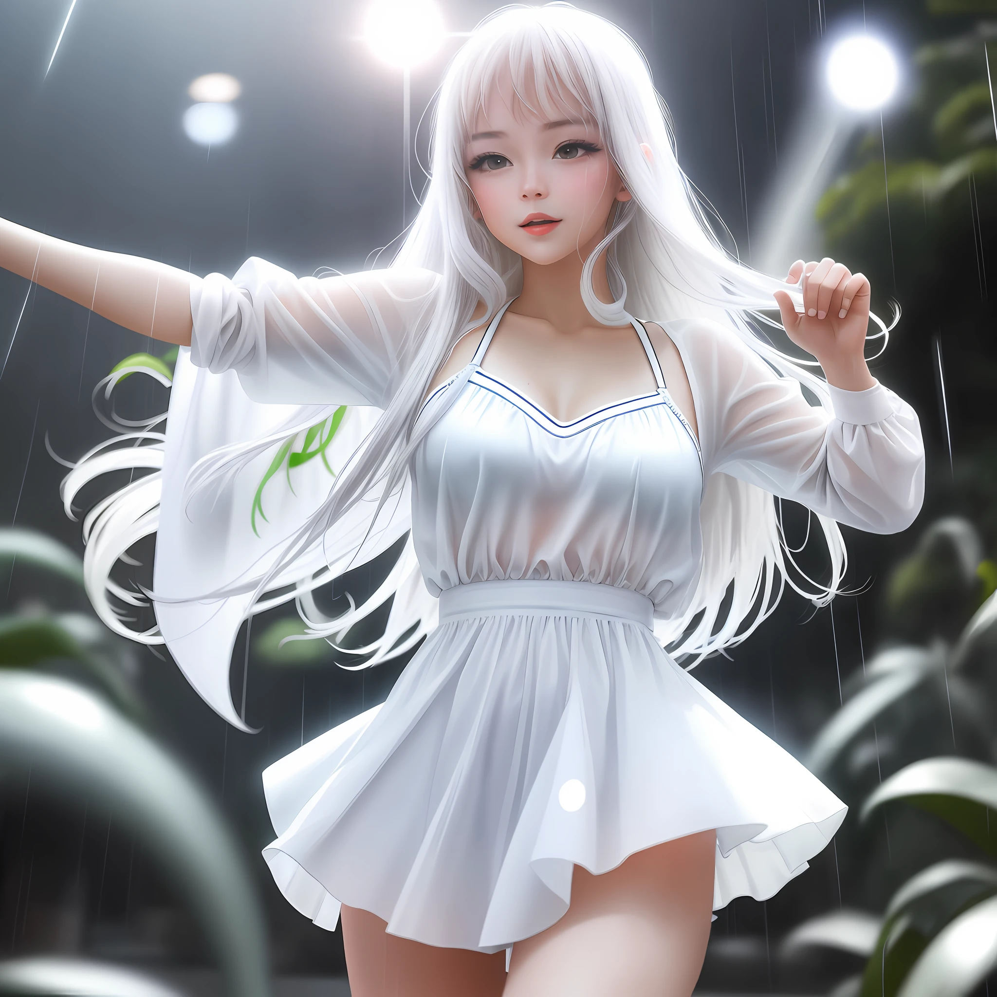 raining , sexy girl , dancing, white clothes , background shining