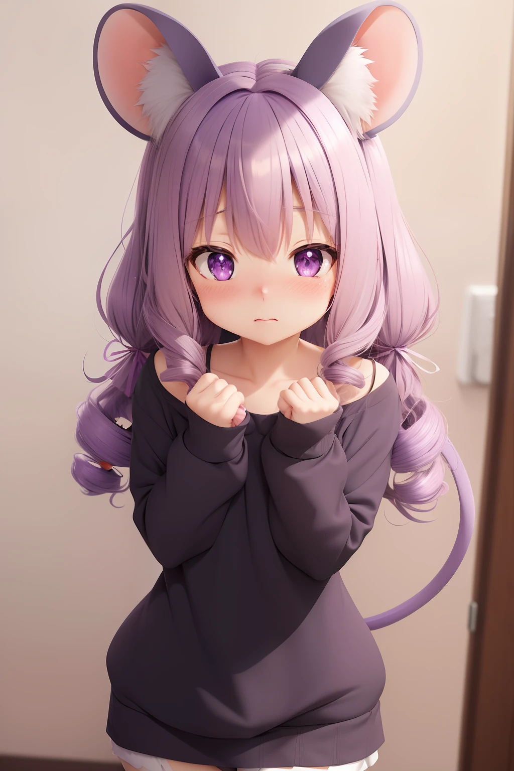 purple hair, curly hair, hair ribbon, sparkling eyes, animal ears, mouse ears, shy, full blush, flustered, light blush, anime, anime style, Minimalism, 8k, super detail, furry, animal tail, mouse tail, cute, kawaii, chibi