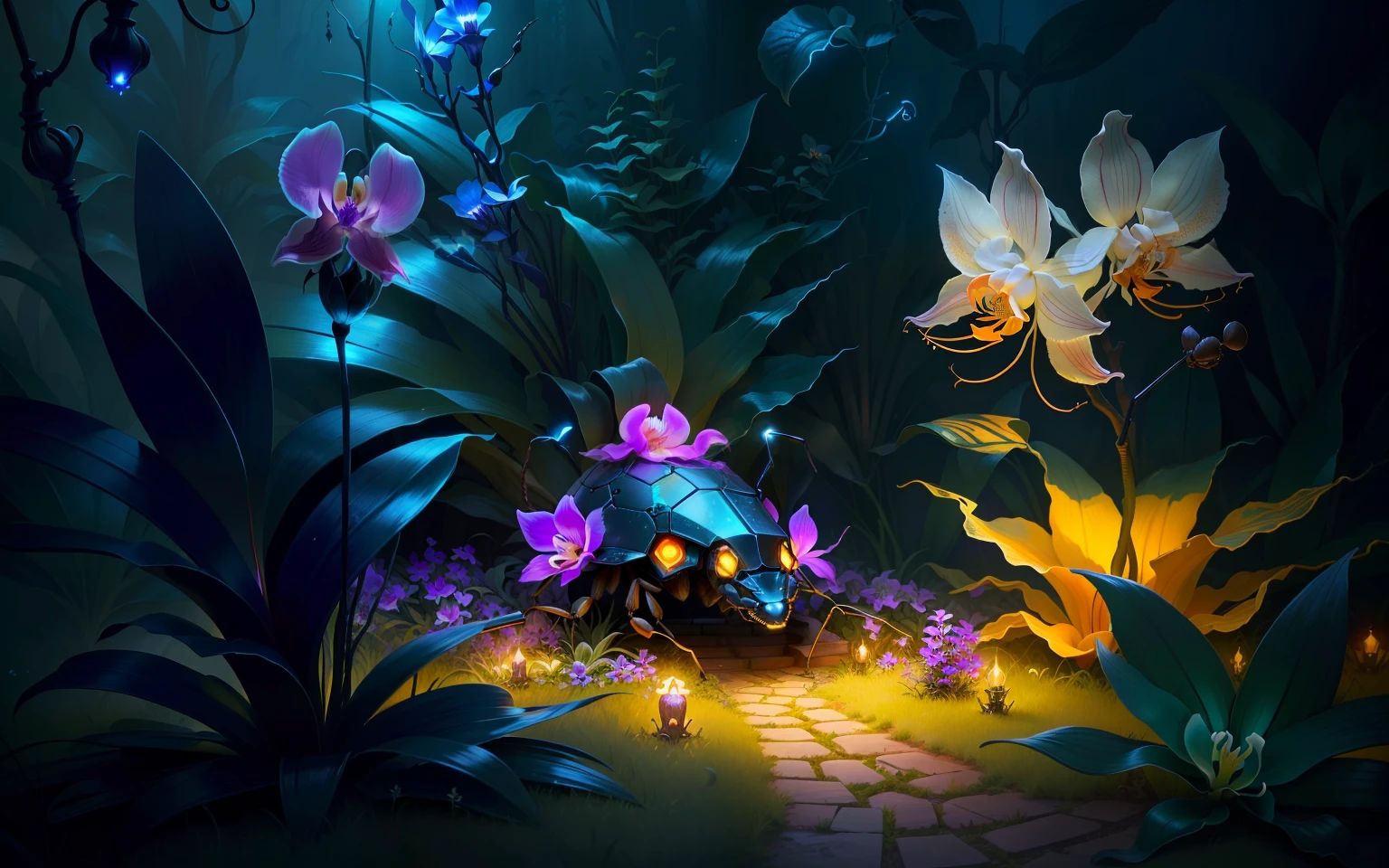 an exorcist style ant hill with beautiful orchids around and fireflies, it is surrounded by strange power,there are also some treasures around, with some magical visual effects, fantasy, ambiance hd, HDR, 4k upscalen v--4.