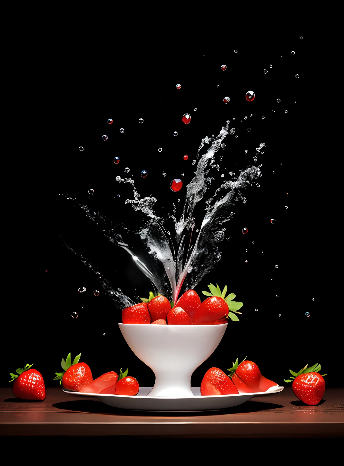 araffe splashes into a cup of fruit on a plate of strawberries, photorealistic painting by Alexey Venetsianov, Shutterstock winner, photorealism, amazing food photography, 4k food photography, 4k food photography, high speed photography, slow motion, ultra high speed photography, food photography photography, food art photography, extremely detailed CG Unity 8k wallpaper, award-winning photography, bokeh, depth of field, HDR, bloom, chromatic aberration, photorealistic, highly detailed, popular on artstation, popular in CGsociety, complex, high detail, dramatic, intermediate art, ambient lighting