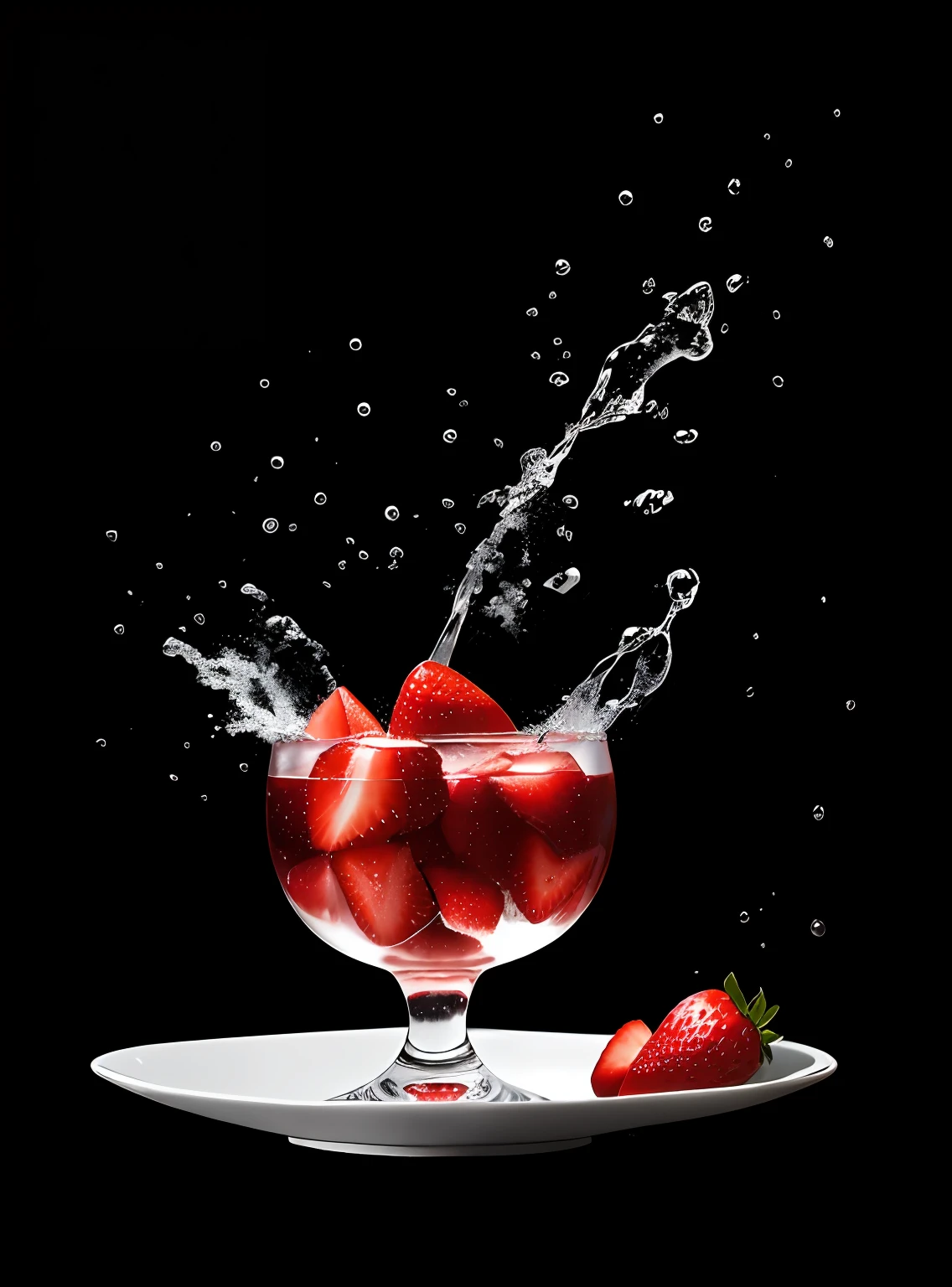 araffe splashes into a cup of fruit on a plate of strawberries, photorealistic painting by Alexey Venetsianov, Shutterstock winner, photorealism, amazing food photography, 4k food photography, 4k food photography, high speed photography, slow motion, ultra high speed photography, food photography photography, food art photography, extremely detailed CG Unity 8k wallpaper, award-winning photography, bokeh, depth of field, HDR, bloom, chromatic aberration, photorealistic, highly detailed, popular on artstation, popular in CGsociety, complex, high detail, dramatic, intermediate art, ambient lighting