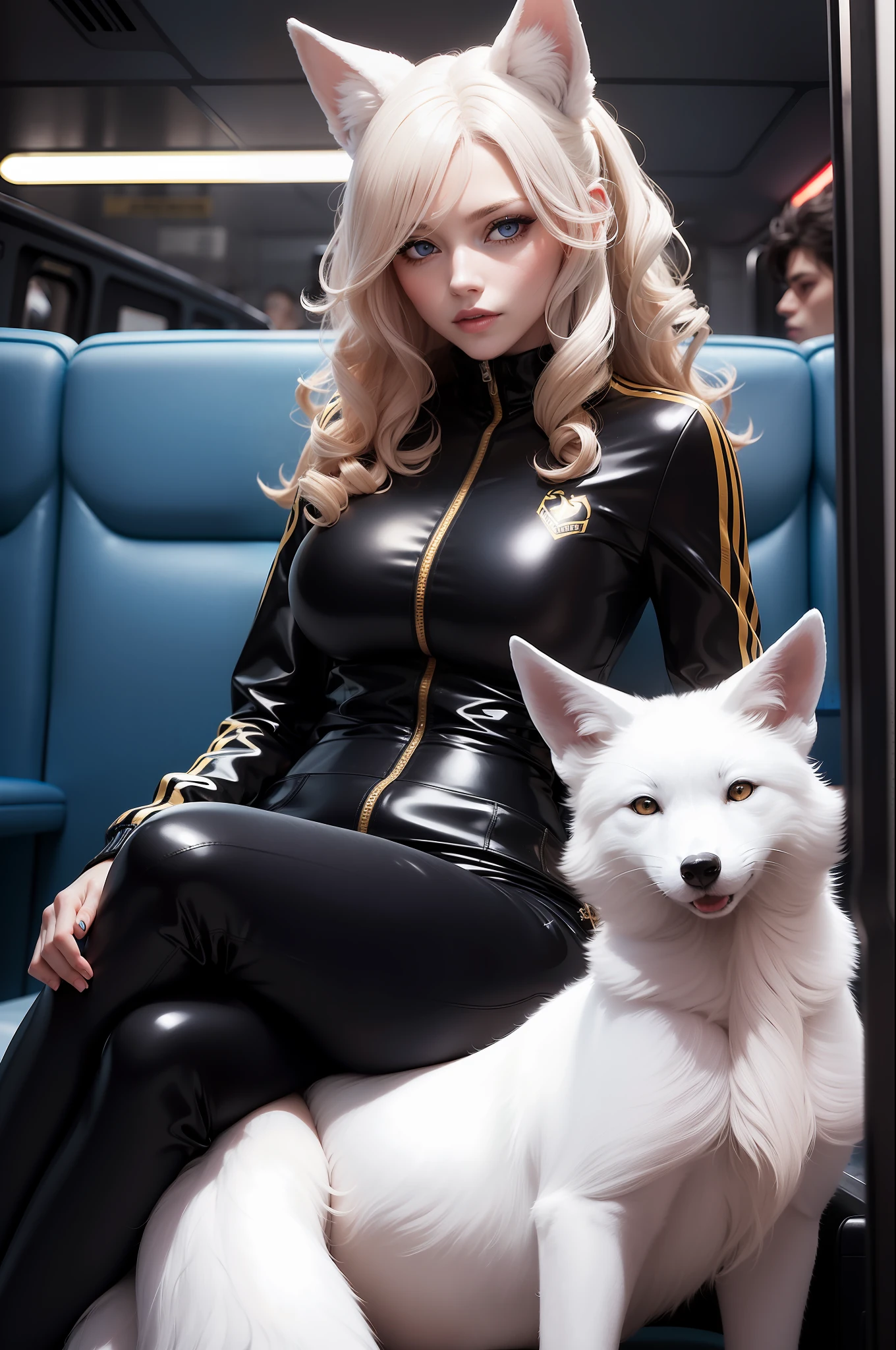 Woman with ,golden curly hair,Blue eyes,white fox ears,,in a black latex tracksuit,sit on chair in metro