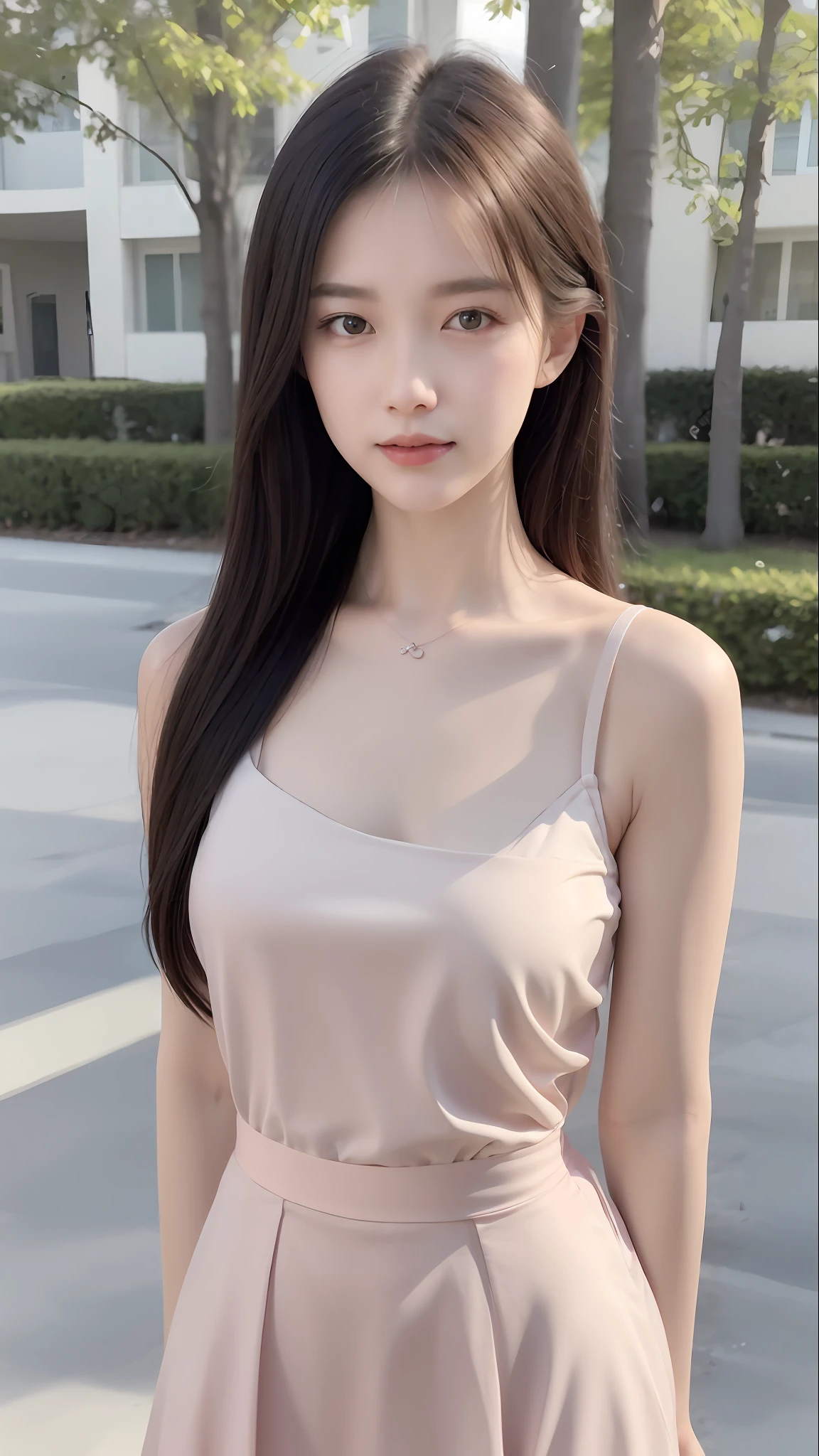 a woman in a pink dress standing in front of a building, gorgeous young korean woman, beautiful young korean woman, beautiful south korean woman, beautiful asian girl, gorgeous chinese model, photo of slim girl model, korean girl, photo of slim girl, beautiful model girl, beautiful girl model, chinese girl, pale milky white porcelain skin, wearing white camisole