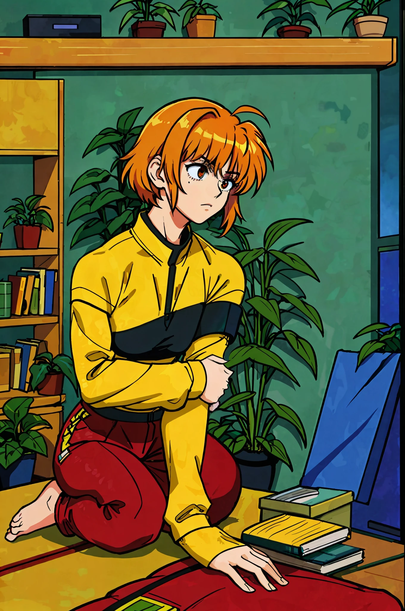 Girl, (peaceful, plants, hot, music, indoors, beautify), cyberpunk background, sitting with elbows on your knees, big, short hair, marigold hair, scarlet tunic, brown sweatpants, lyrical nanoha, (masterpiece, detailed, high-resolution, vivid: 1.4) Aheago Face