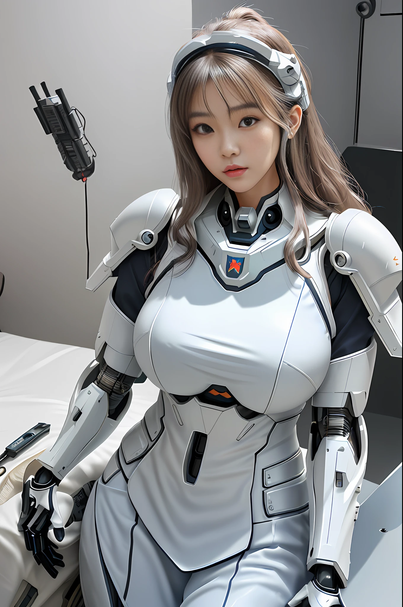 (Best Quality, 8k, 32k, Masterpiece, UHD:1.3), (Photo of Attractive Japanese Woman), 1 Girl, ((Big Boobs:1.4)), (long wavy hair), Abs, Perfect Body, Ultra Detailed Face, Detailed Lips, Fine Eyes, double eyelids, pajamas, on the bed, (seductive), ((aroused:1.5)), ((areolae slip)), ((in heat)), ((milf)) sexy girl, busty, beautiful asian girl, gorgeous chinese model, jaw-dropping beauty, girl in mecha cyber armor, ferra white mecha, female mecha, mechanized valkyrie girl, beutiful white girl cyborg, armor girl, clothed in sci-fi military armor, scifi woman, in white futuristic armor, gorgeous female paladin, mechanized soldier girl