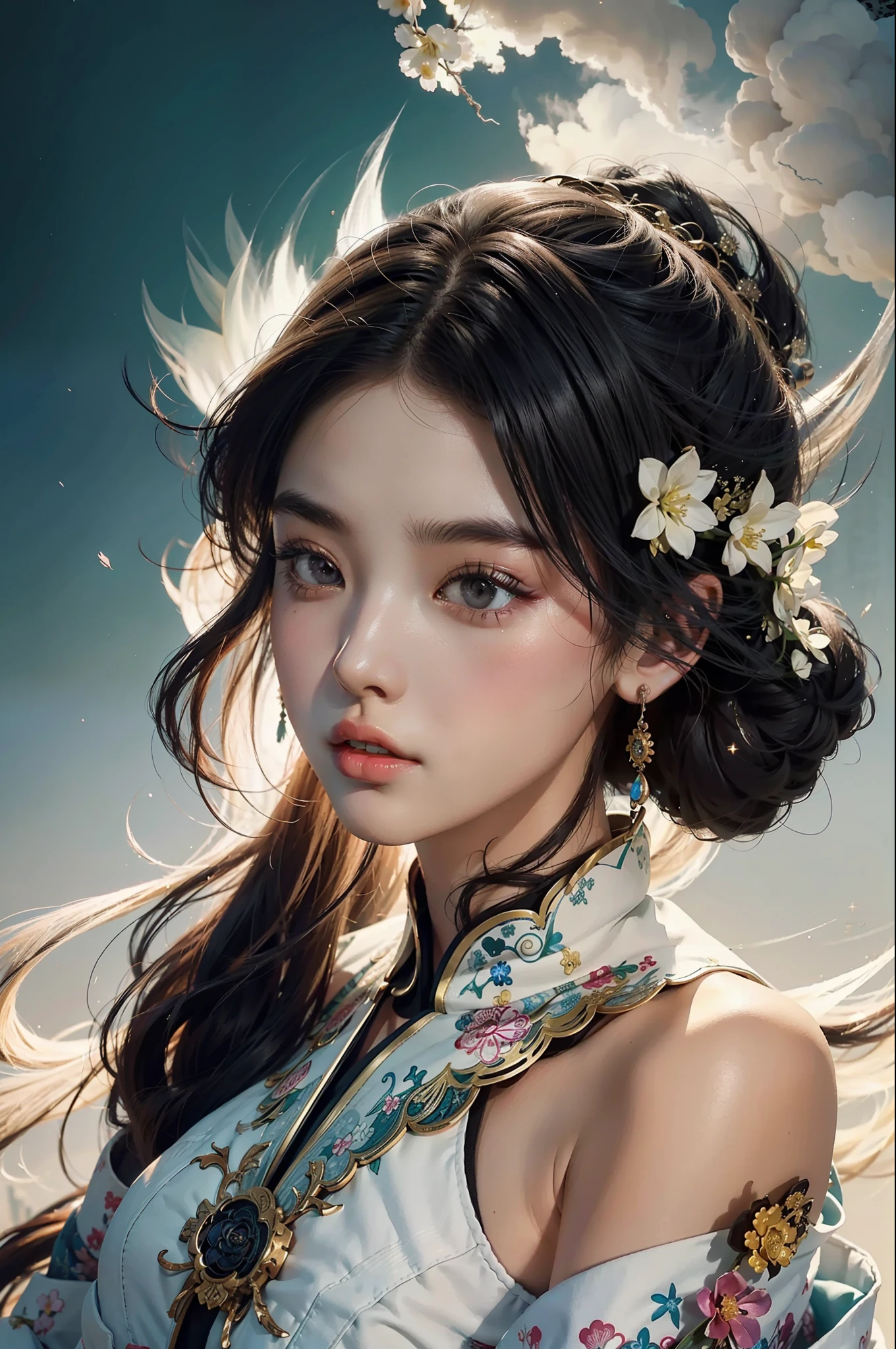 zhongfenghua, 1girl, (full body) solo, hanfu, flower field, blossom, (white smokes:1.3) (photorealistic:1.4), zentangle, mandala, entangle, official art, unity 8k wallpaper, ultra detailed, beautiful and aesthetic, masterpiece,best quality, (dynamic angle:1.4), glowing skin, (floating colorful sparkles:1) the most beautiful form of chaos, elegant, a brutalist designed, vivid colours, romanticism depth of field,