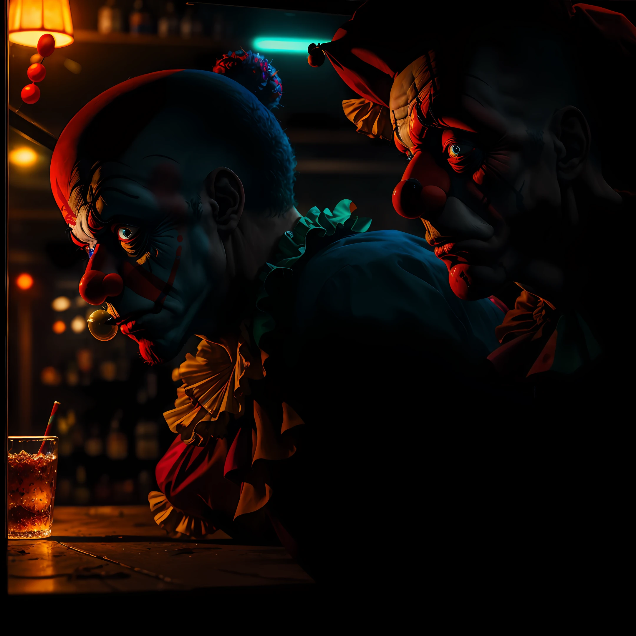 Side photo of a clown on a counter of a night bar looking at the glass with sad look, realistic,better shadow, better detailed lighting high resolution