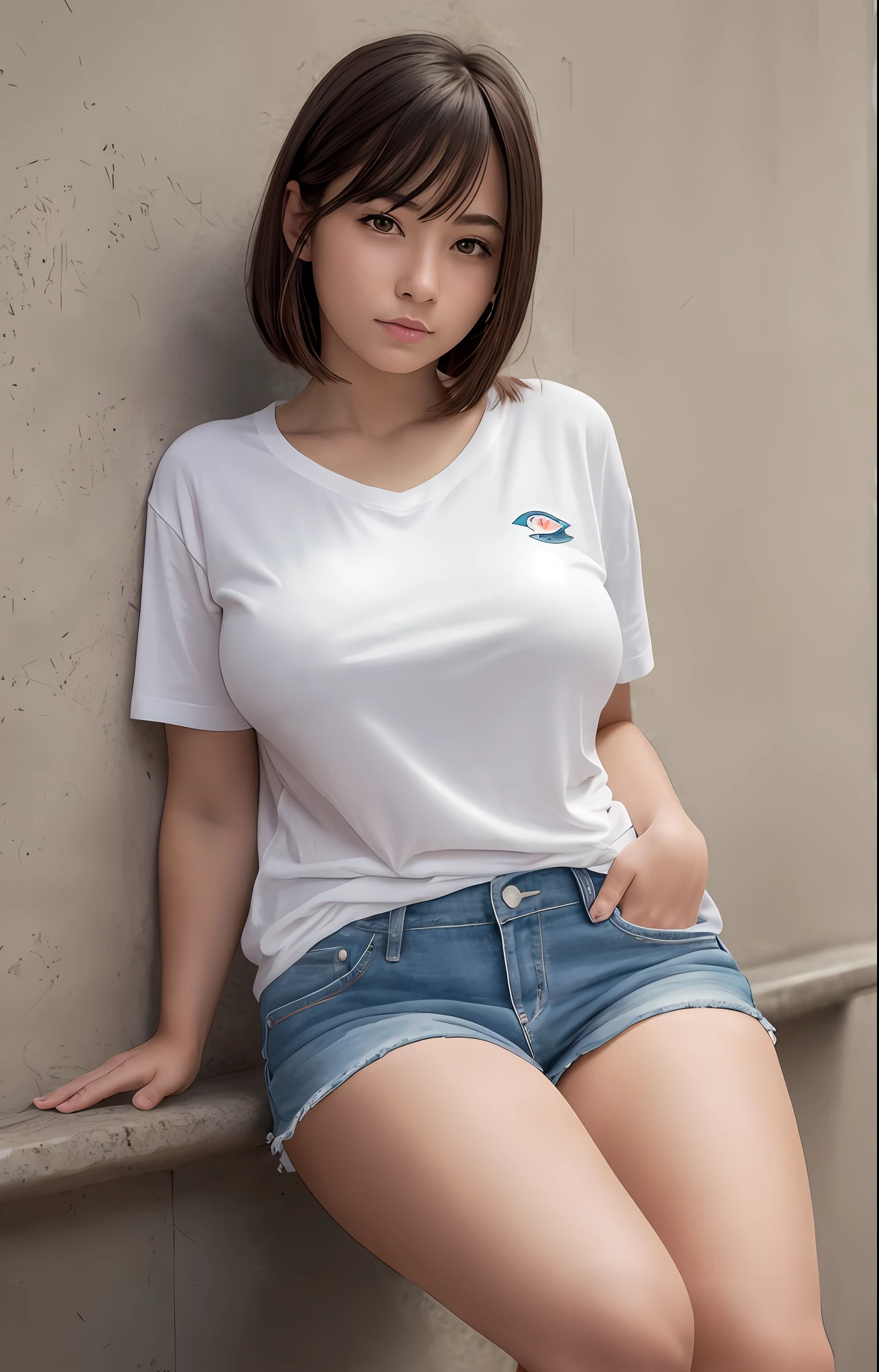 American, short sleeves, shorts, duck sitting, hands in pockets, open chest, big breasts, looking down, looking at the viewer, white background, realistic, best quality, high resolution, photography, background bokeh,