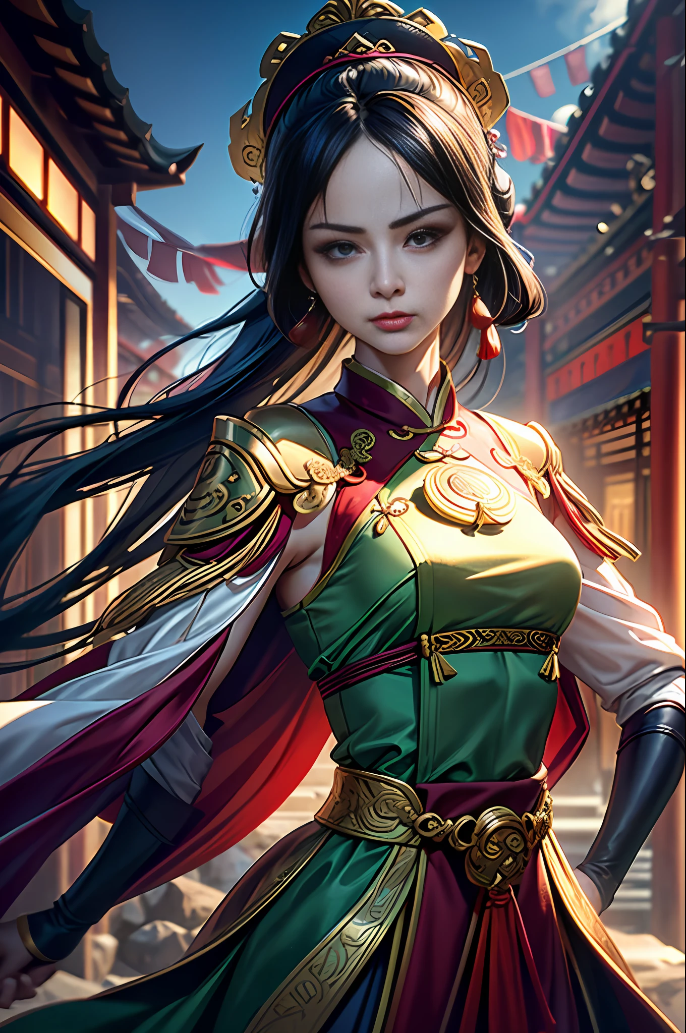 Best Quality, Masterpiece, Ultra High Resolution, (Realistic: 1.4), Xiuxian, Weapon, Detail Face,
1 girl, green-gold-red clothes, bare arms, solo, (magic circle: 1.2), Xiuxian, upper body, beautiful girl, half-body, Chinese architecture, sheath, construction,