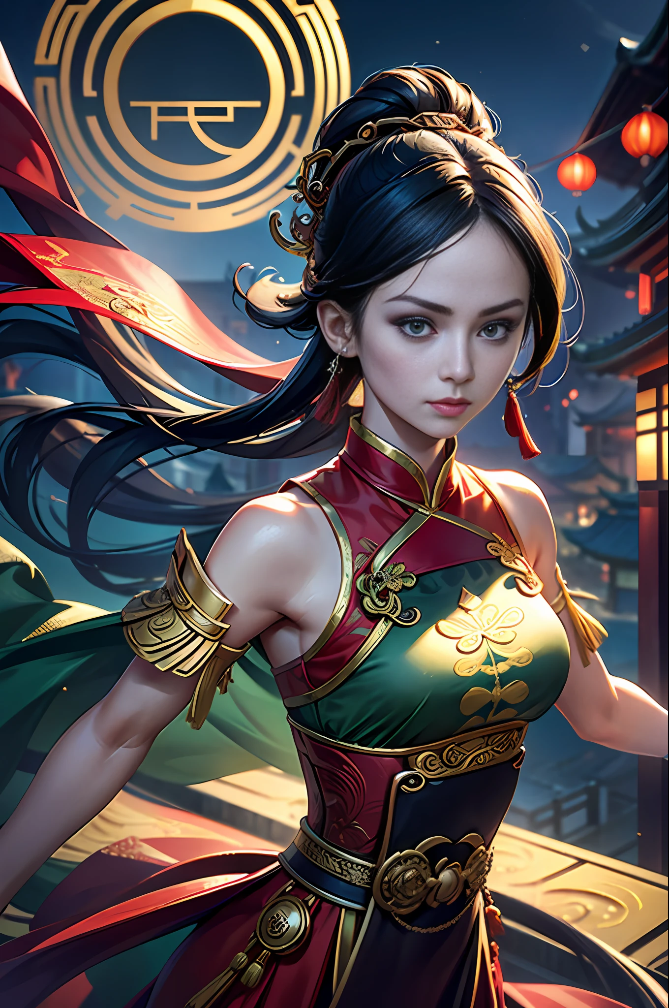 Best Quality, Masterpiece, Ultra High Resolution, (Realistic: 1.4), Xiuxian, Weapon, Detail Face,
1 girl, green-gold-red clothes, bare arms, solo, (magic circle: 1.2), Xiuxian, upper body, beautiful girl, half-body, Chinese architecture, sheath, construction,