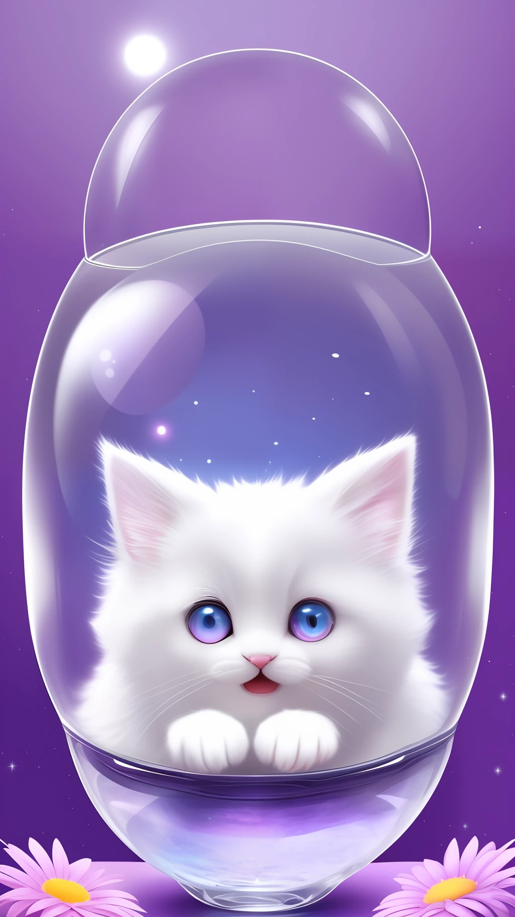 A cute fluffy white-furry kitten, wearing a sweater, big ears, to the left, big eyes, inside a large glass ball, flowers, light purple background, Morandi color, open mouth, laughing !!!, funny, (floating in space: 1.1) jubbslineart_v2