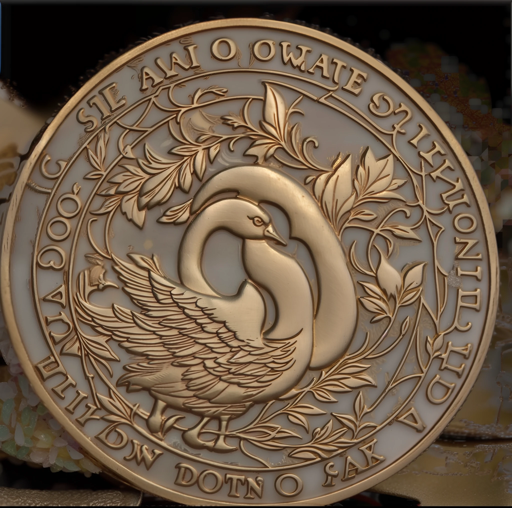 Close-up of a coin with a swan on it, depicted in 3 D, front view, engraving