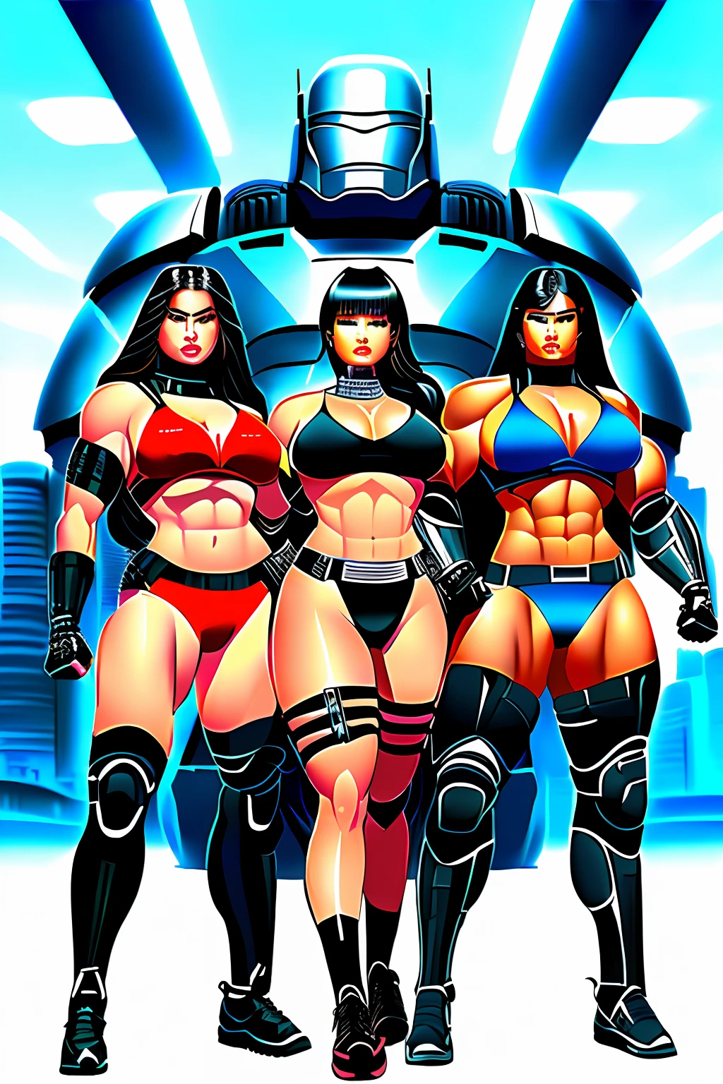 Draw trio bionic big and strong and big muscular girls, RoboCop, with mongolian ethnic face and style.