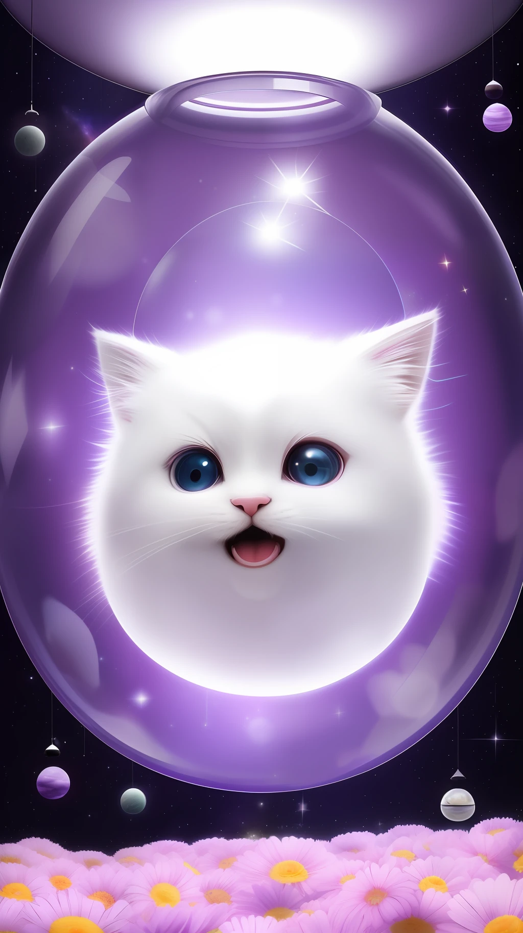 A cute fluffy white-furry kitten, wearing a sweater, big ears, to the left, big eyes, inside a large glass ball, flowers, light purple background, Morandi color, open mouth, laughing !!!, funny, (floating in space: 1.1) jubbslineart_v2