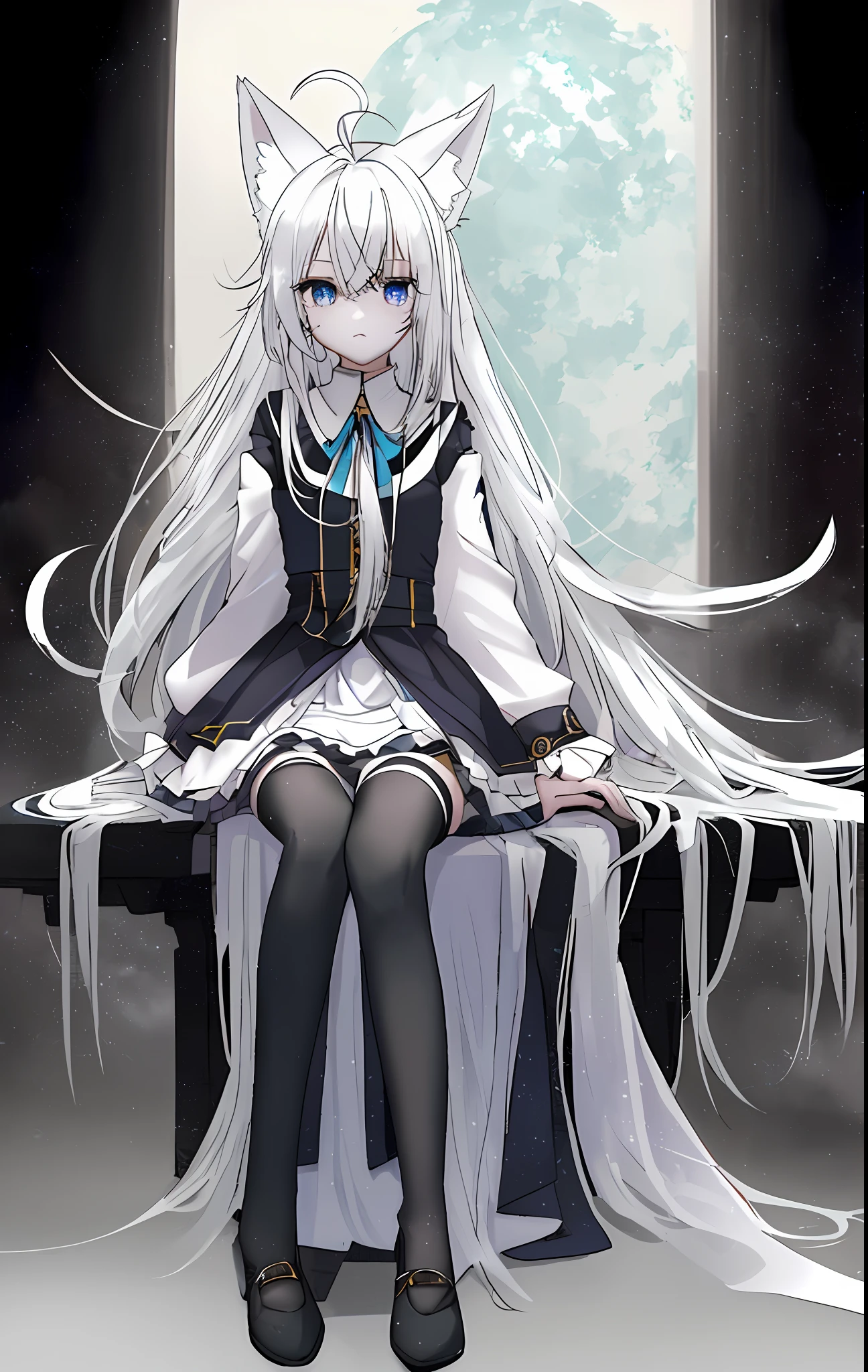 (Masterpiece, best quality: 1.2), 1girl, solo, (kawaii, loli: 1.4), long white hair, ahoge, delicate eyes, sweat, blue pupils, best quality, white fox ears, black over-the-knee socks,