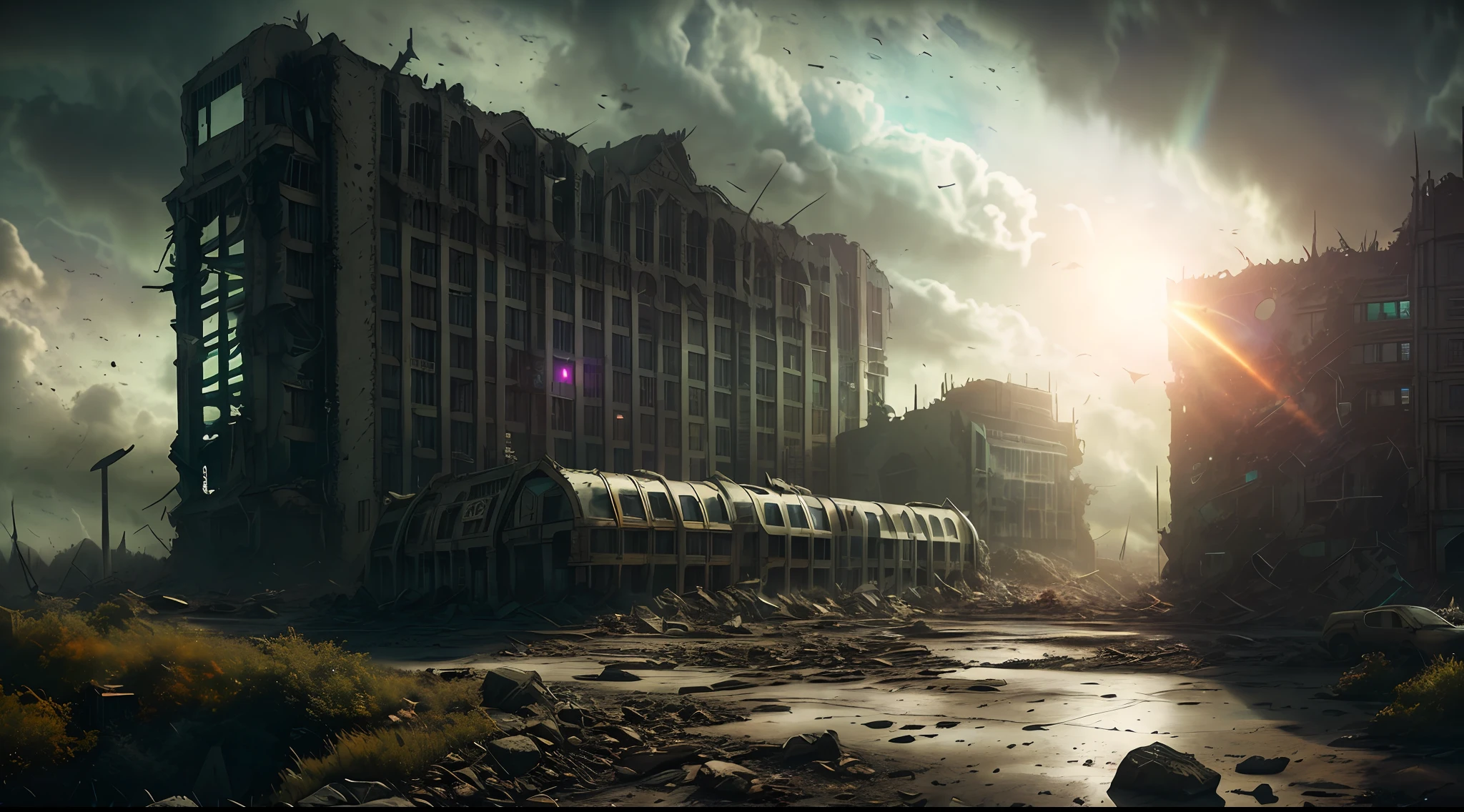 end of the world, epic realistic, ((((hdr)))), ((((muted colors)))), apocalypse, abandoned, neutral colors, night, screen space refractions, (intricate details), ((intricate details, hyperdetailed)), artstation, cinematic shot, vignette, complex background, [[teal and orange]], technicolor, ped over building