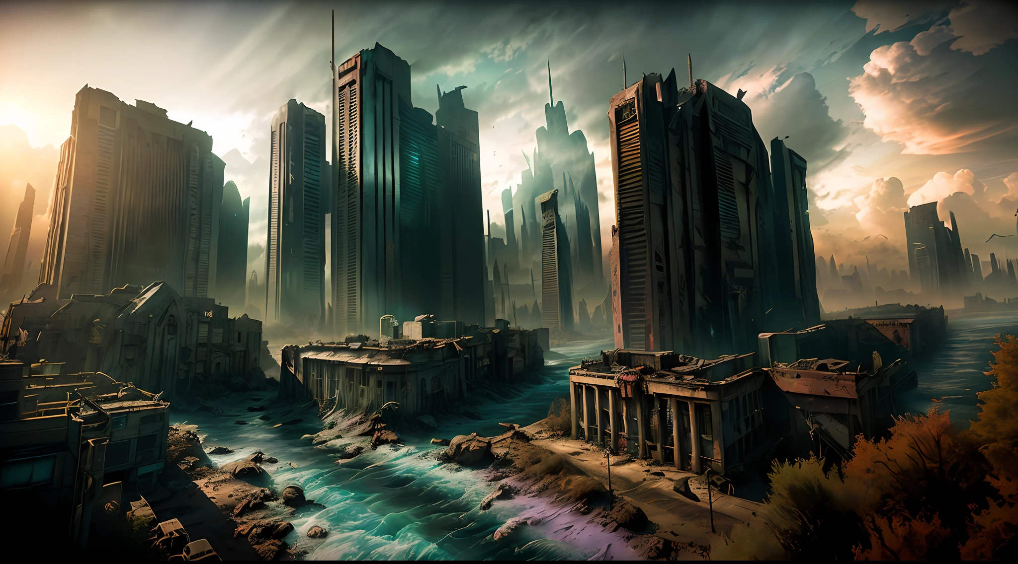 end of the world, epic realistic, ((((hdr)))), ((((muted colors)))), apocalypse, abandoned, neutral colors, night, screen space refractions, (intricate details), ((intricate details, hyperdetailed)), artstation, cinematic shot, vignette, complex background, [[teal and orange]], technicolor, flipped over building
