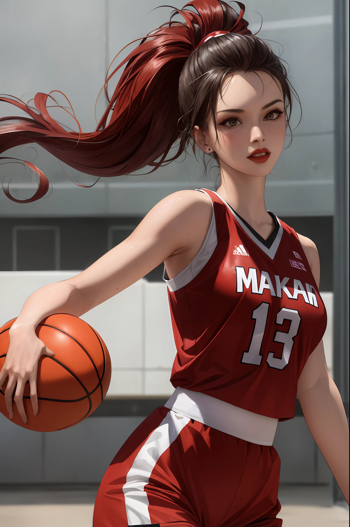 Masterpiece: 1.2, best quality), realistic, (real picture, rich details details, depth of field), (1girl, solo), makeup, cleft lip, high detail, perfect face shape, (big breasts: 1.4), (skindentation ), rough Thighs, Wide Hips, Slim Waist, Tall, Coral, Red Lips, Red Eyes, Ponytail (Girl Playing Basketball, Red Basketball Jersey), (Sweat: 1.2), (Wet), Sexy, Blushing,