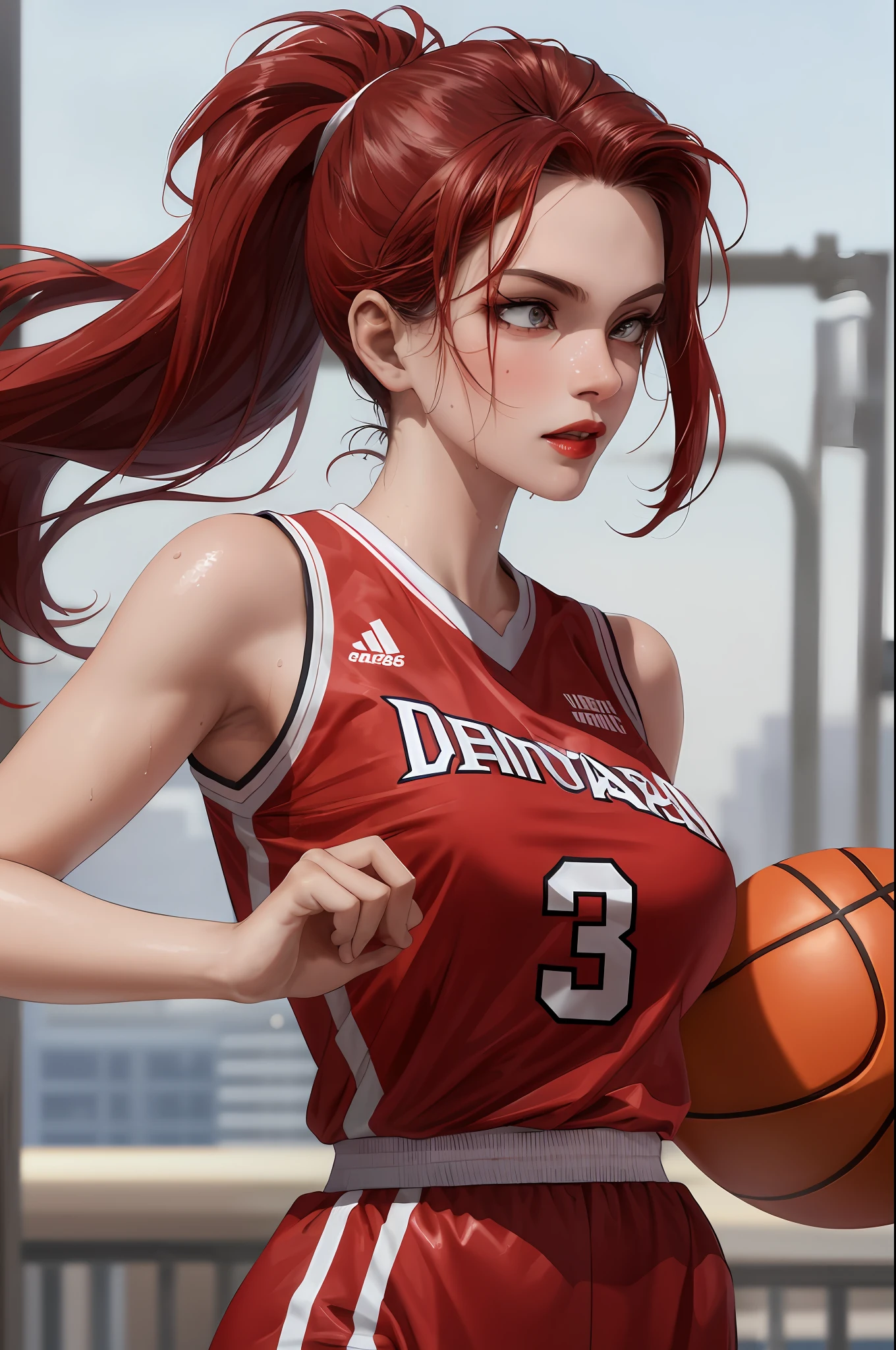 Masterpiece: 1.2, best quality), realistic, (real picture, rich details details, depth of field), (1girl, solo), makeup, cleft lip, high detail, perfect face shape, (big breasts: 1.4), (skindentation ), rough Thighs, Wide Hips, Slim Waist, Tall, Coral, Red Lips, Red Eyes, Ponytail (Girl Playing Basketball, Red Basketball Jersey), (Sweat: 1.2), (Wet), Sexy, Blushing,