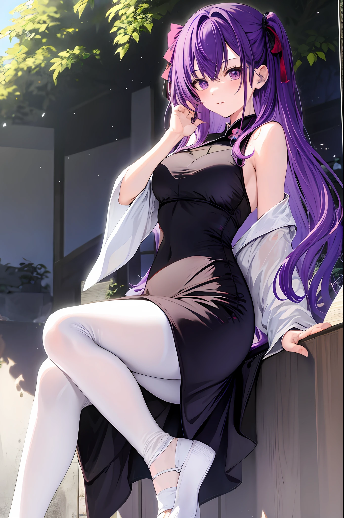 Nino Nakano The Quintessential, purple hair, purple eyes, black Chinese dress, white pantyhose,